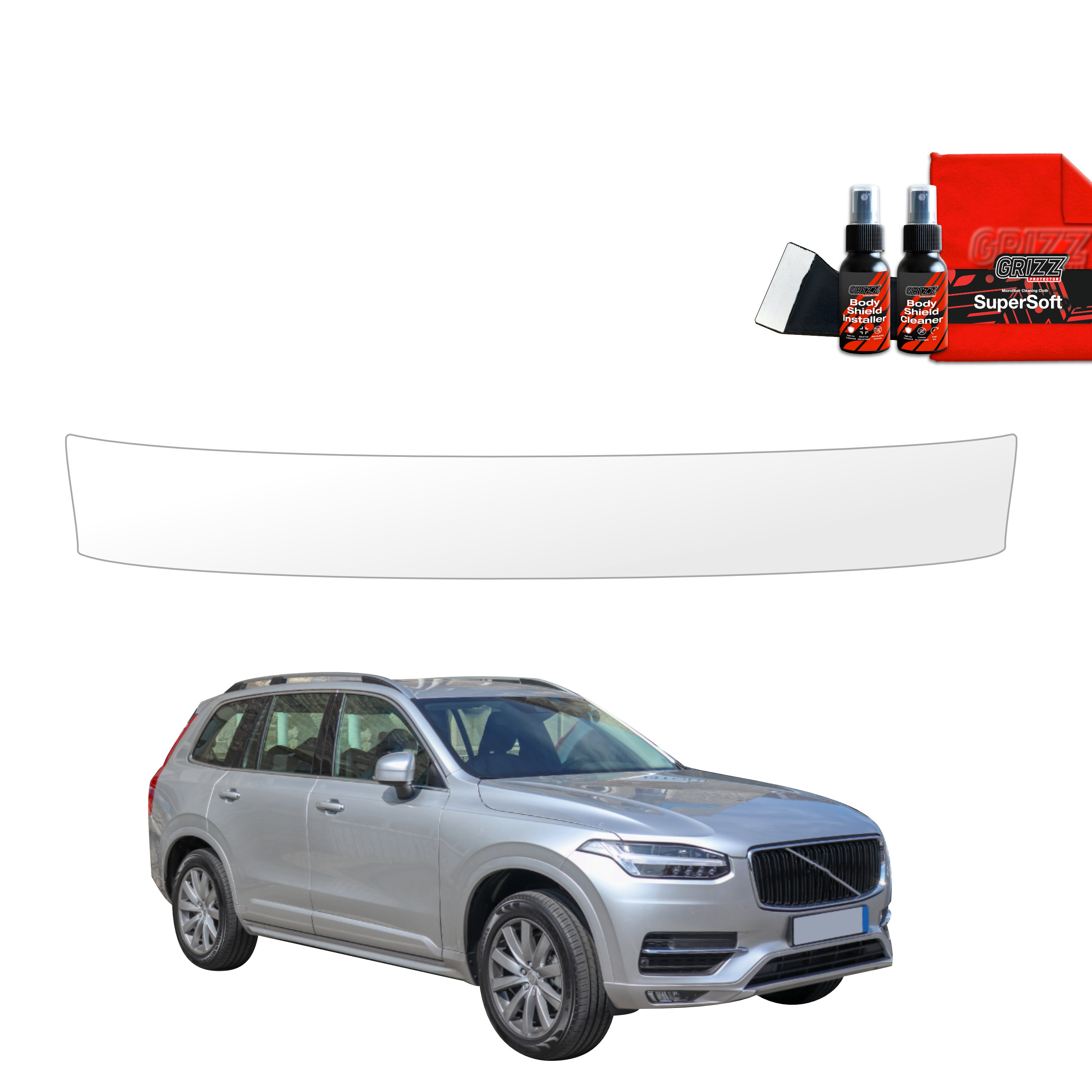 GrizzProtector Schutzfolie für Ladekante - Volvo XC90 (2014-2024), shown on a silver SUV with install tools.