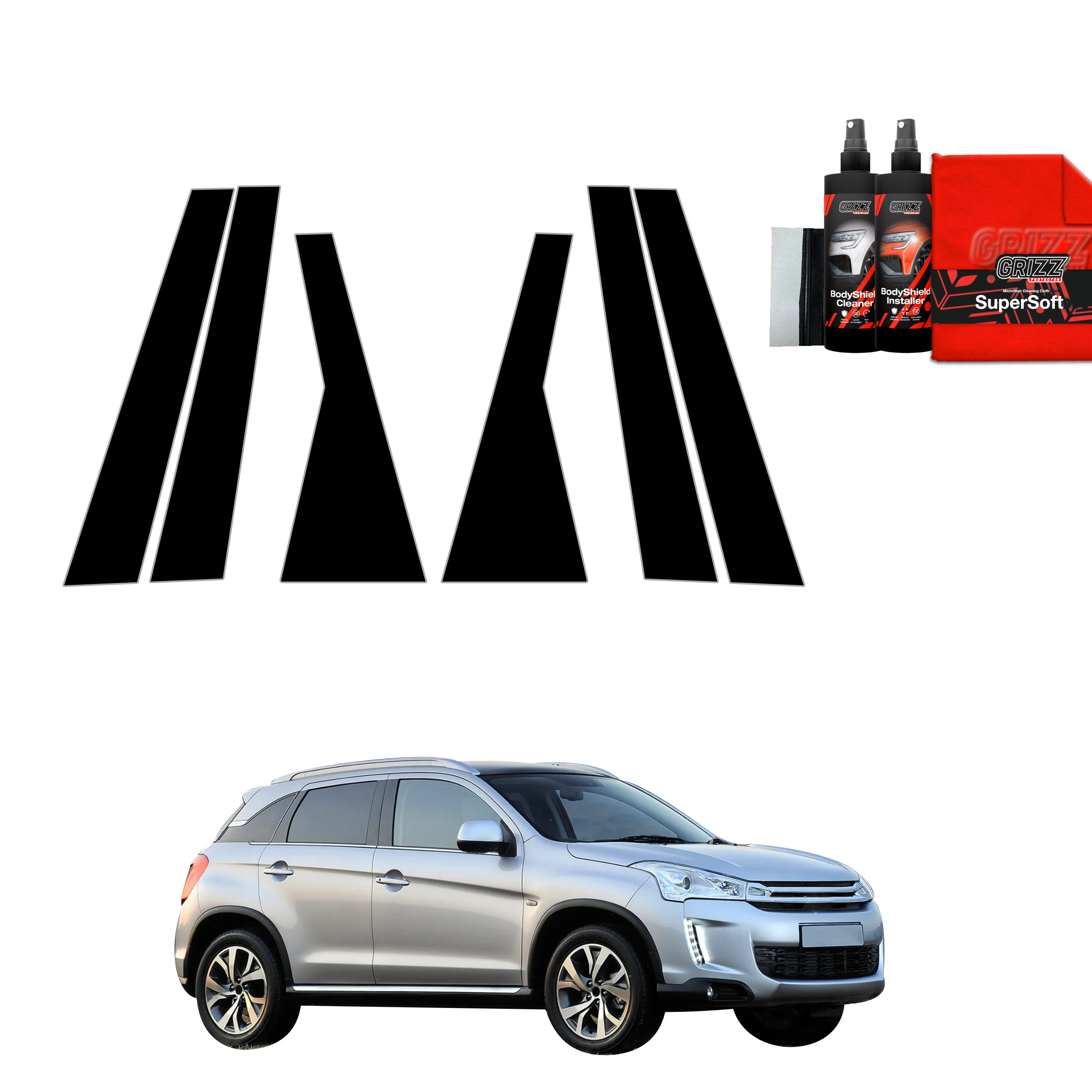 GrizzProtector 6in1 black protective film for B-C pillar, ideal for Citroen C4 Aircross (2012-2017).