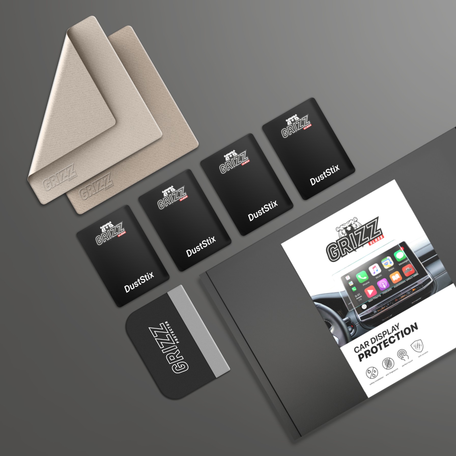 Disposición plana del kit GrizzProtector Displayschutzfolie para Leapmotor B10 14,6" (2024-2025) con paños, raspador y más.