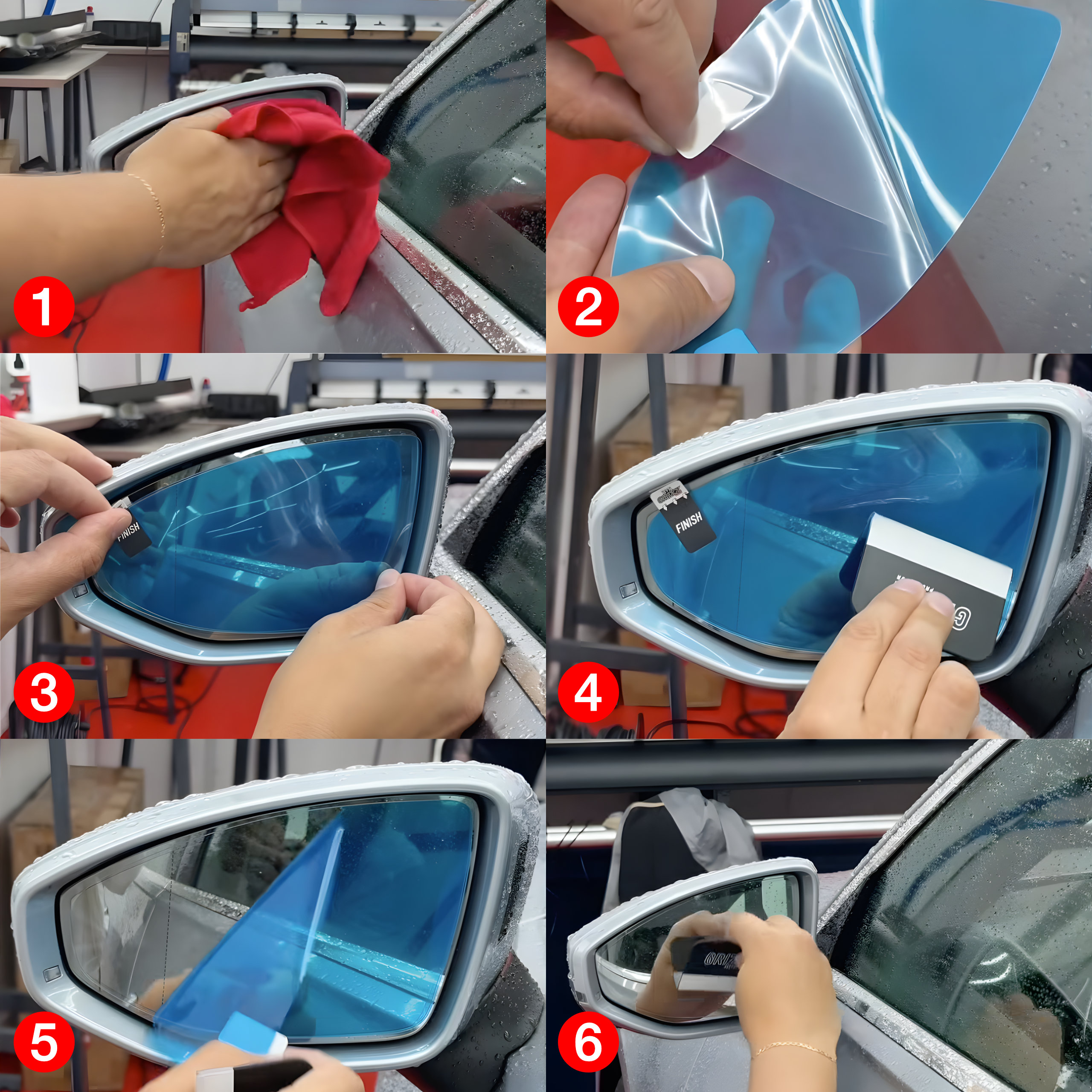 Step-by-step guide to applying GrizzProtector Regenschutzfolie for BMW 5 E60 mirrors (2003-2010) with cloth & card.