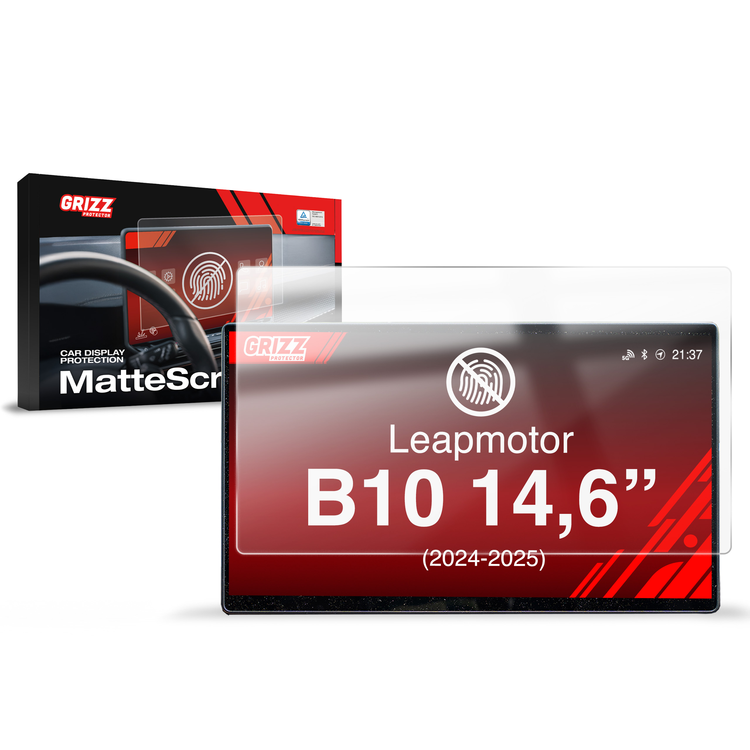 GrizzProtector Displayschutzfolie para Leapmotor B10 14,6" (2024-2025), mate y anti-huellas, mostrada con embalaje.
