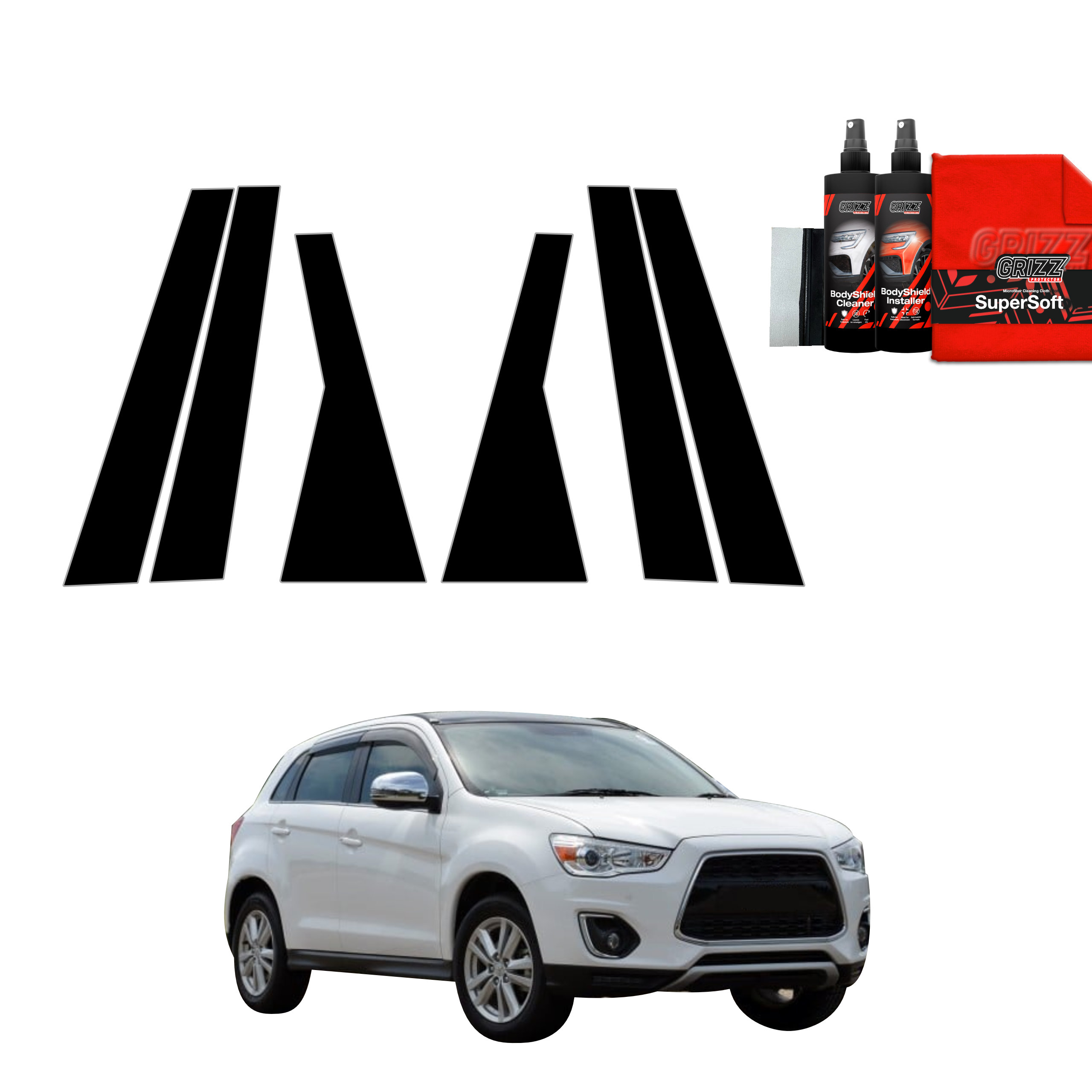 GrizzProtector 10in1 schwarze Schutzfolie für B-C-Säule Set auf weißem Mitsubishi ASX (2010-2019) vor weißem Hintergrund.