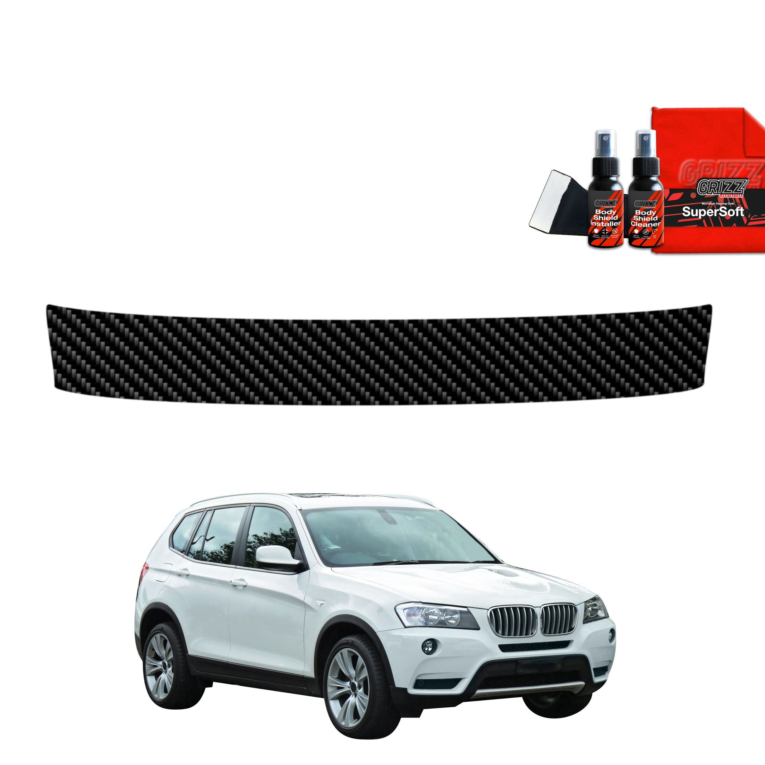 Een witte BMW X3 F25 met GrizzProtector koolstof beschermfolie voor laadrand en auto verzorgingsproducten op een witte achtergrond.