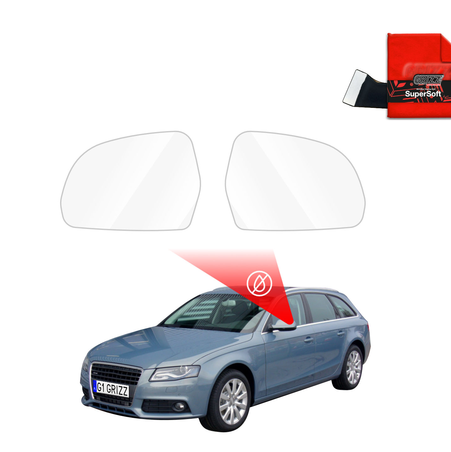 Two GrizzProtector Regenschutzfolie for Audi A4 B8 Avant (2007-2011); missing mirrors marked by red circles.