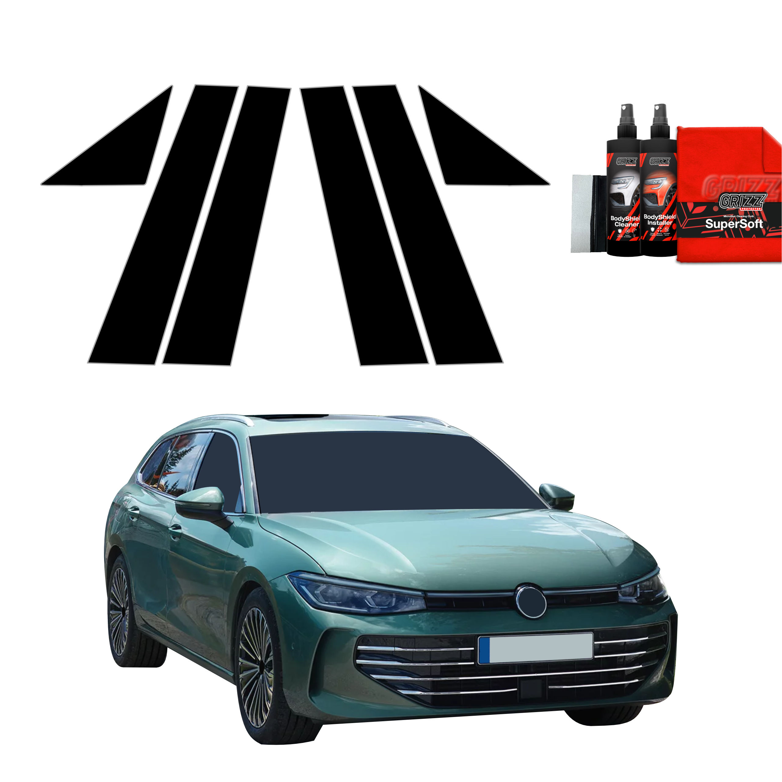Green Volkswagen Passat B9 with GrizzProtector 6in1 A-B-Säule black film, cleaning sprays & red cloths shown.