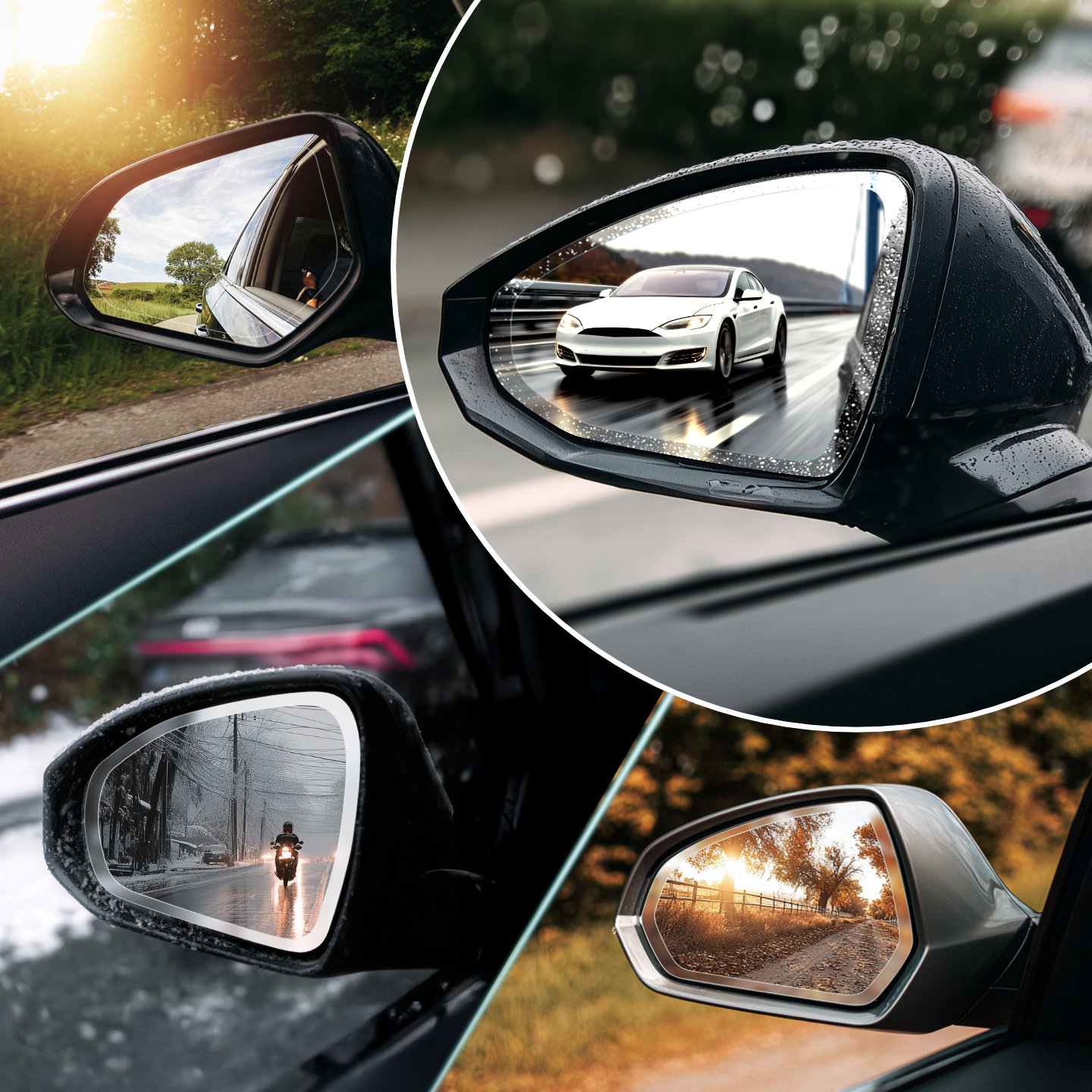 GrizzProtector's Regenschutzfolie for Audi A3 8Y shows scenes: country road, rain with ZeroDrop, white car, and sunset drive.