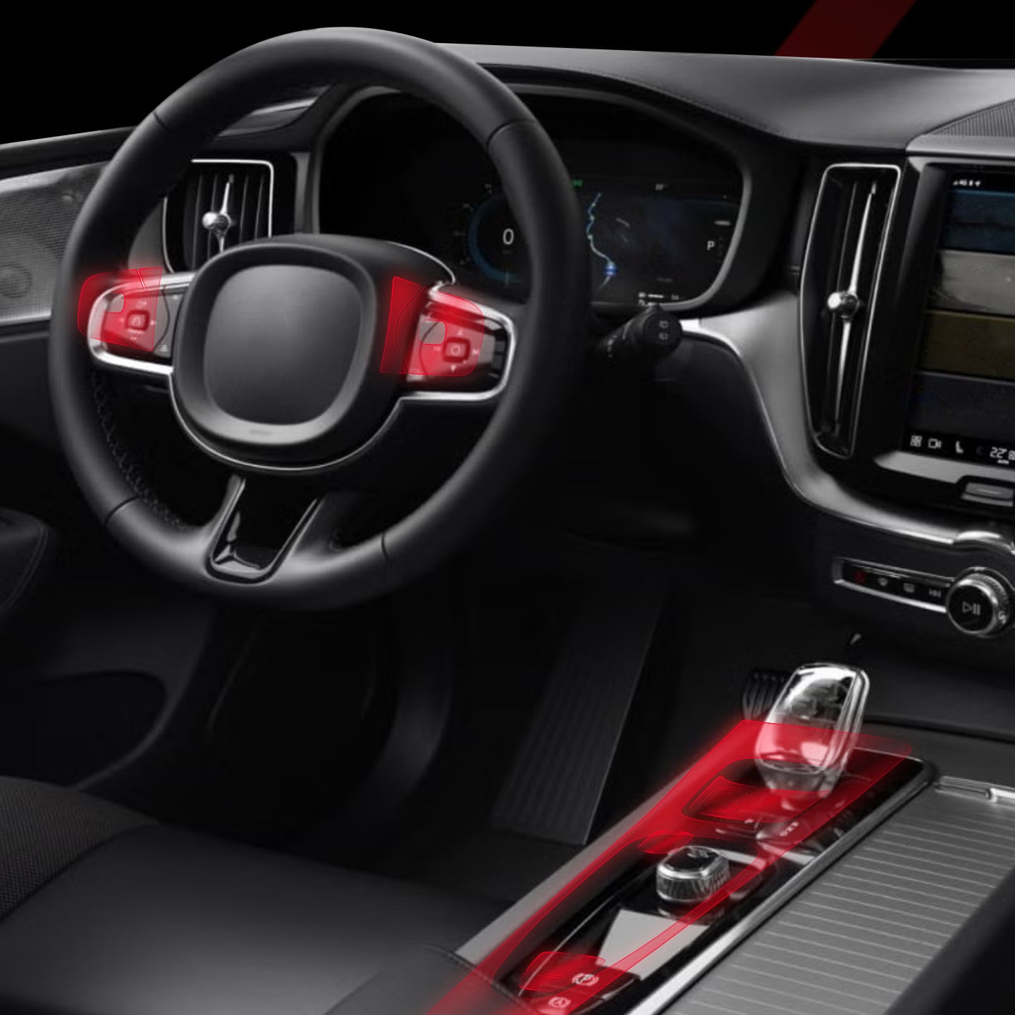 Modern car interior with red accents featuring GrizzProtector 10in1 Schutzfolien for Audi Q5 (2025) on console & dash.