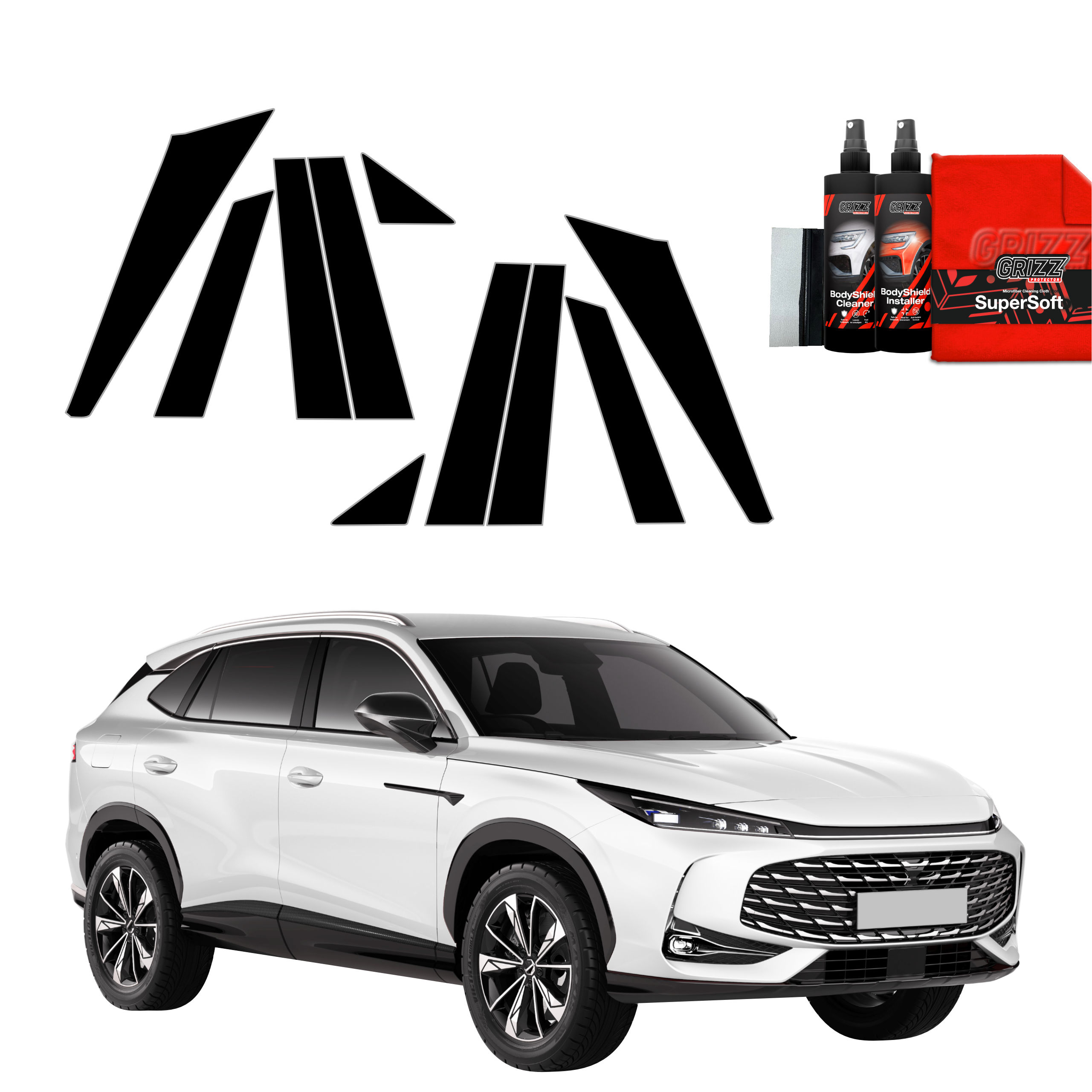 White MG HS 2024 SUV with grille, GrizzProtector 10in1 Black A-B-C pillar film, car care in top right corner.