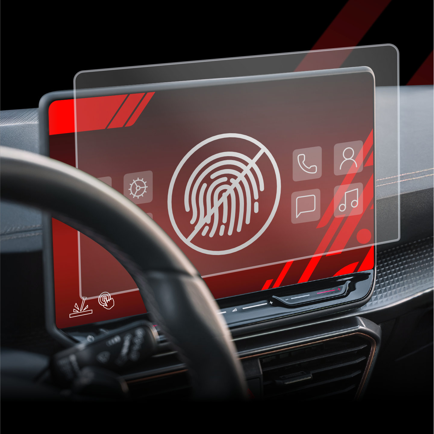 A Lexus LS 12.3" dashboard shows a GrizzProtector matte, anti-fingerprint display with app icons for calls, music, and settings.