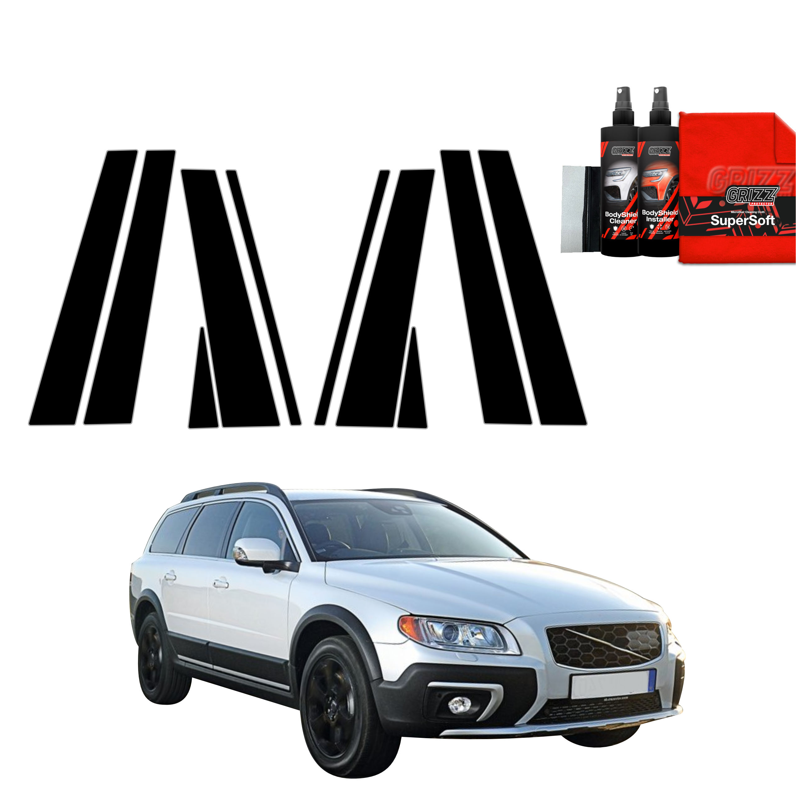 Een Volvo XC70 3 Kombi met GrizzProtector 10in1 zwarte B-C-stijl decals, autopoets en een rode microvezeldoek.
