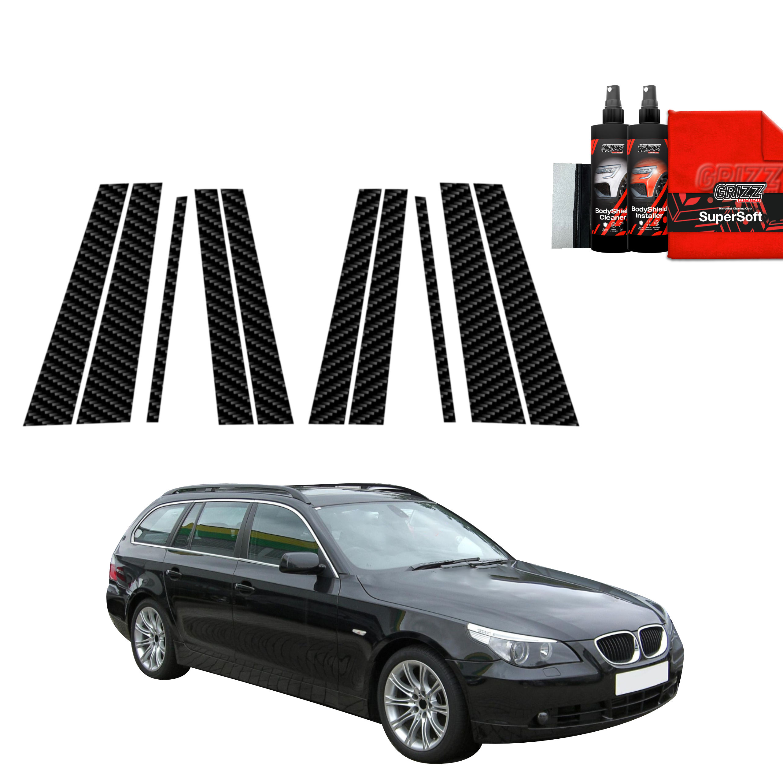 Black BMW 5 E61 Touring (2003-2007) with GrizzProtector 10in1 Carbon B-C pillar strips displayed above the car.
