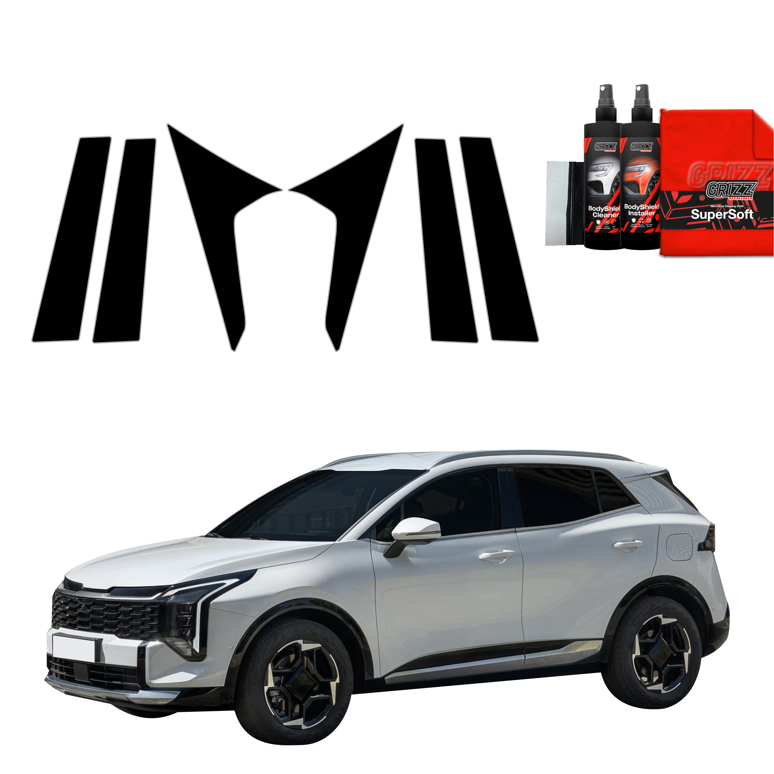 Silver SUV with GrizzProtector 6in1 schwarze Schutzfolie für B-C-Säule (Kia Sportage 5 Facelift, 2025) displayed above.