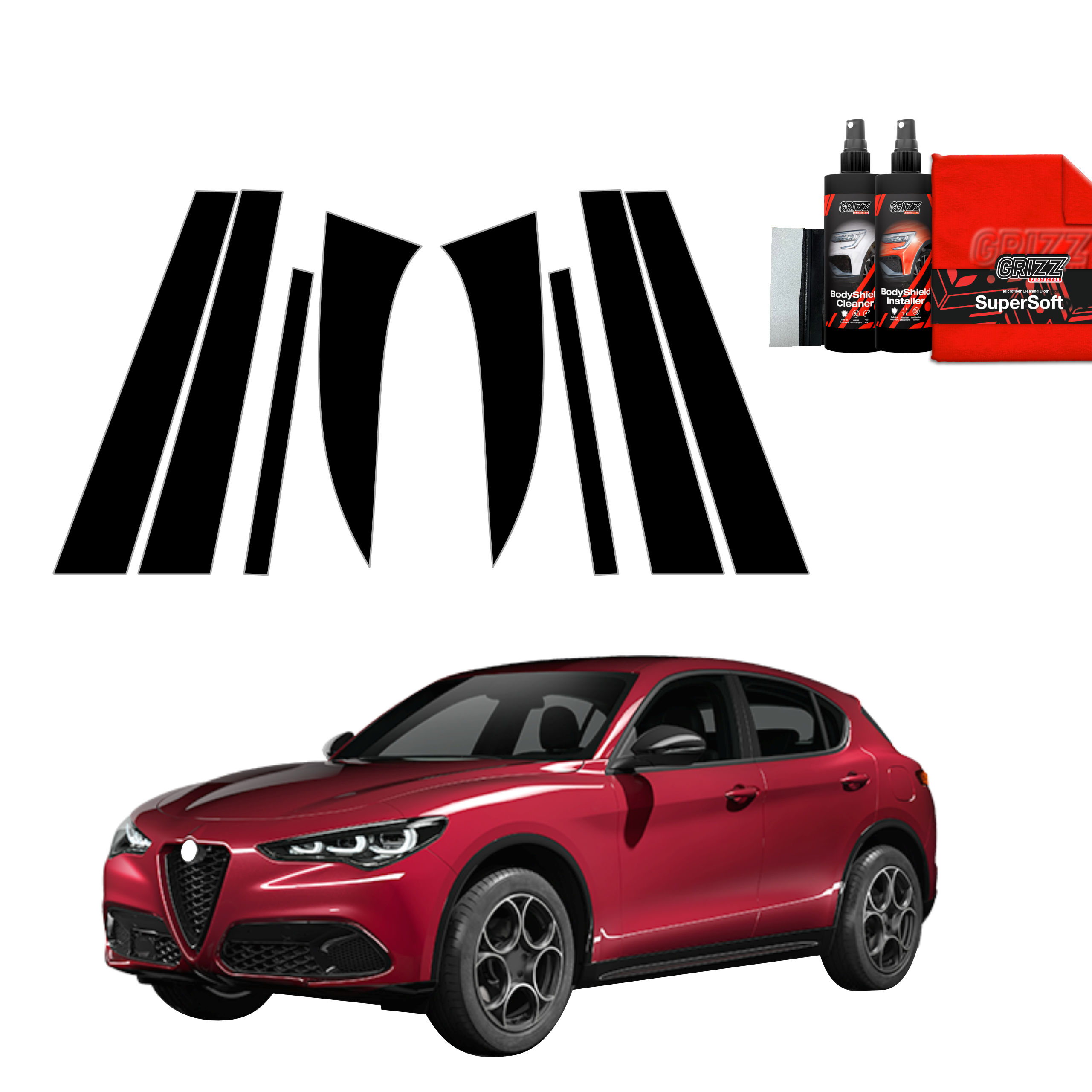 GrizzProtector 8in1 black pillar protection film for Alfa Romeo Stelvio (2023-2025) shown with red cloth & spray on white.