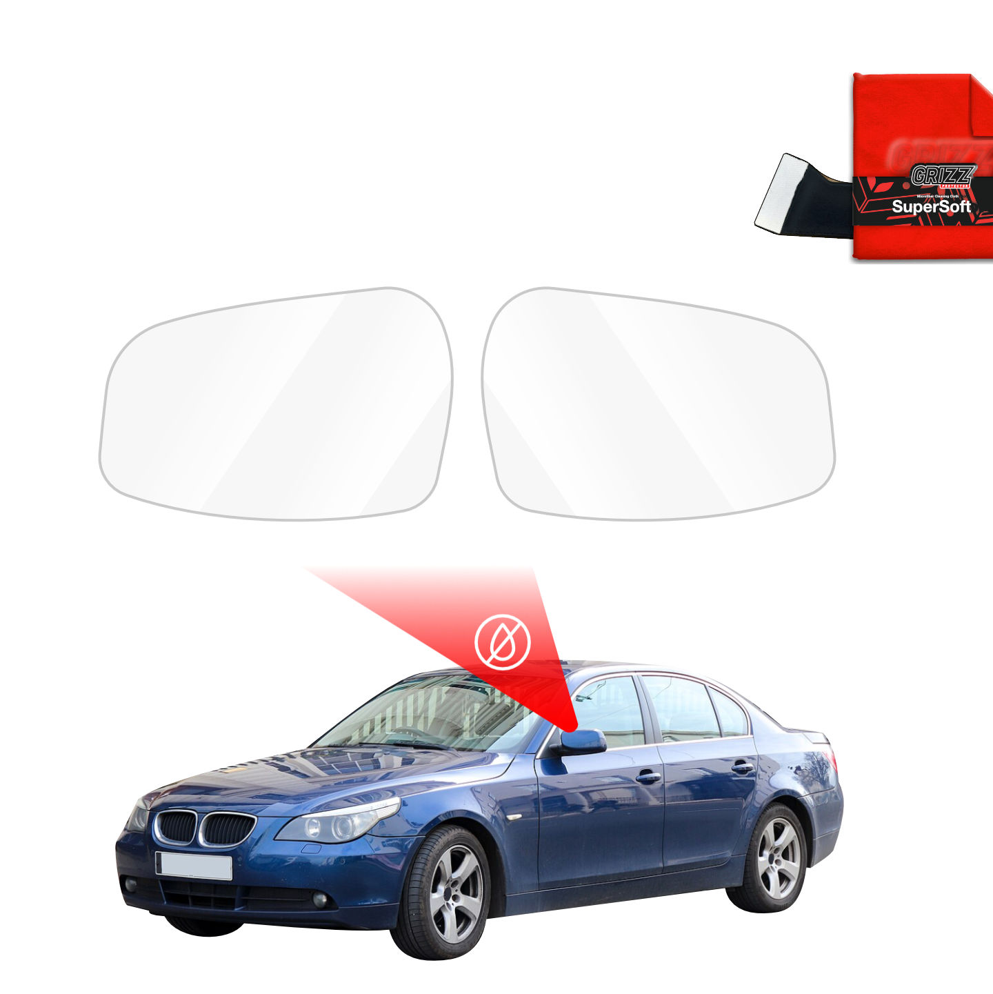 Two GrizzProtector Regenschutzfolie for BMW 5 E60 Sedan (2003-2007) shown above a blue sedan with red cleaning cloth.