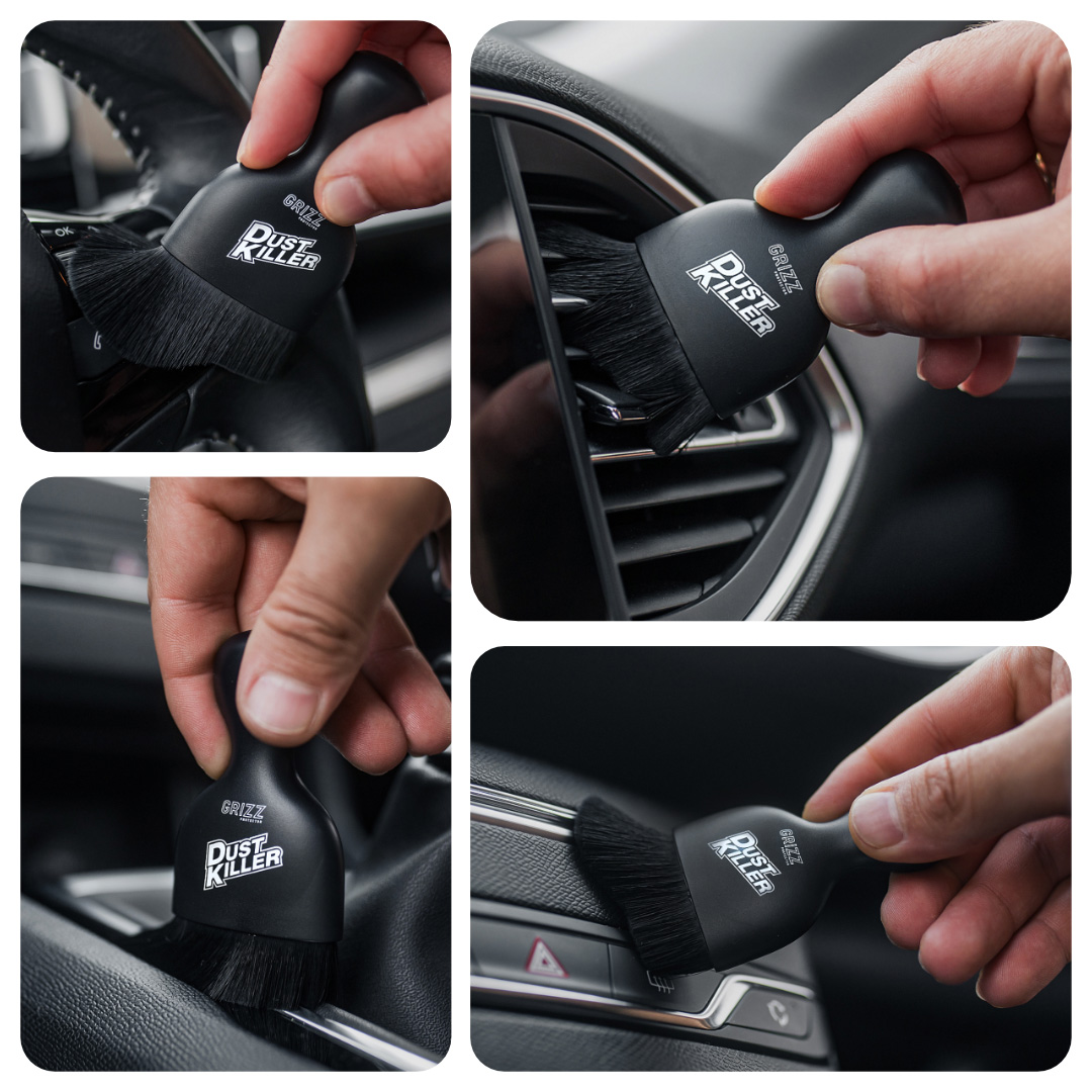 Collage of hands using the GrizzProtector Dust Killer Auto Detailbürste to clean car displays, vents, and piano finish.