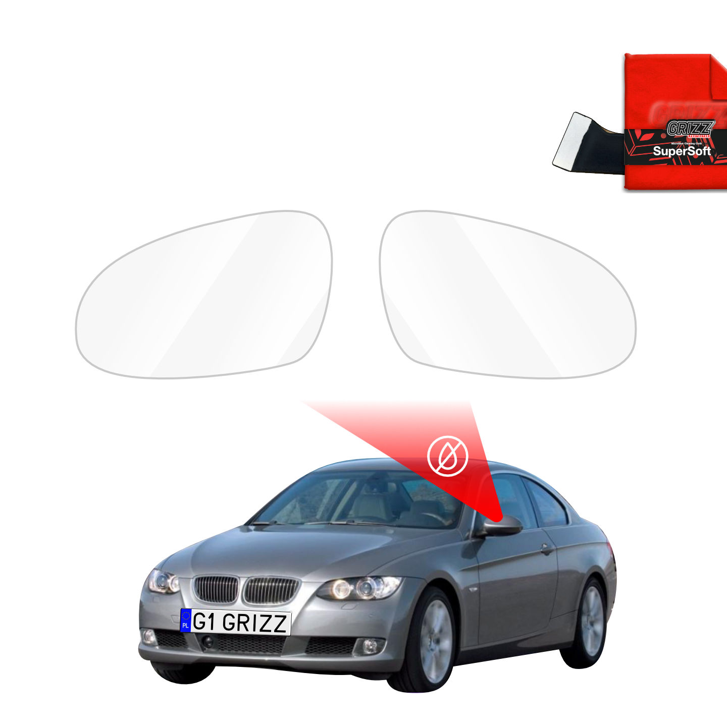 GrizzProtector Regenschutzfolie für Außenspiegel + Tuch für BMW 3 E92 Coupe (2006-2010) wird oben angezeigt.