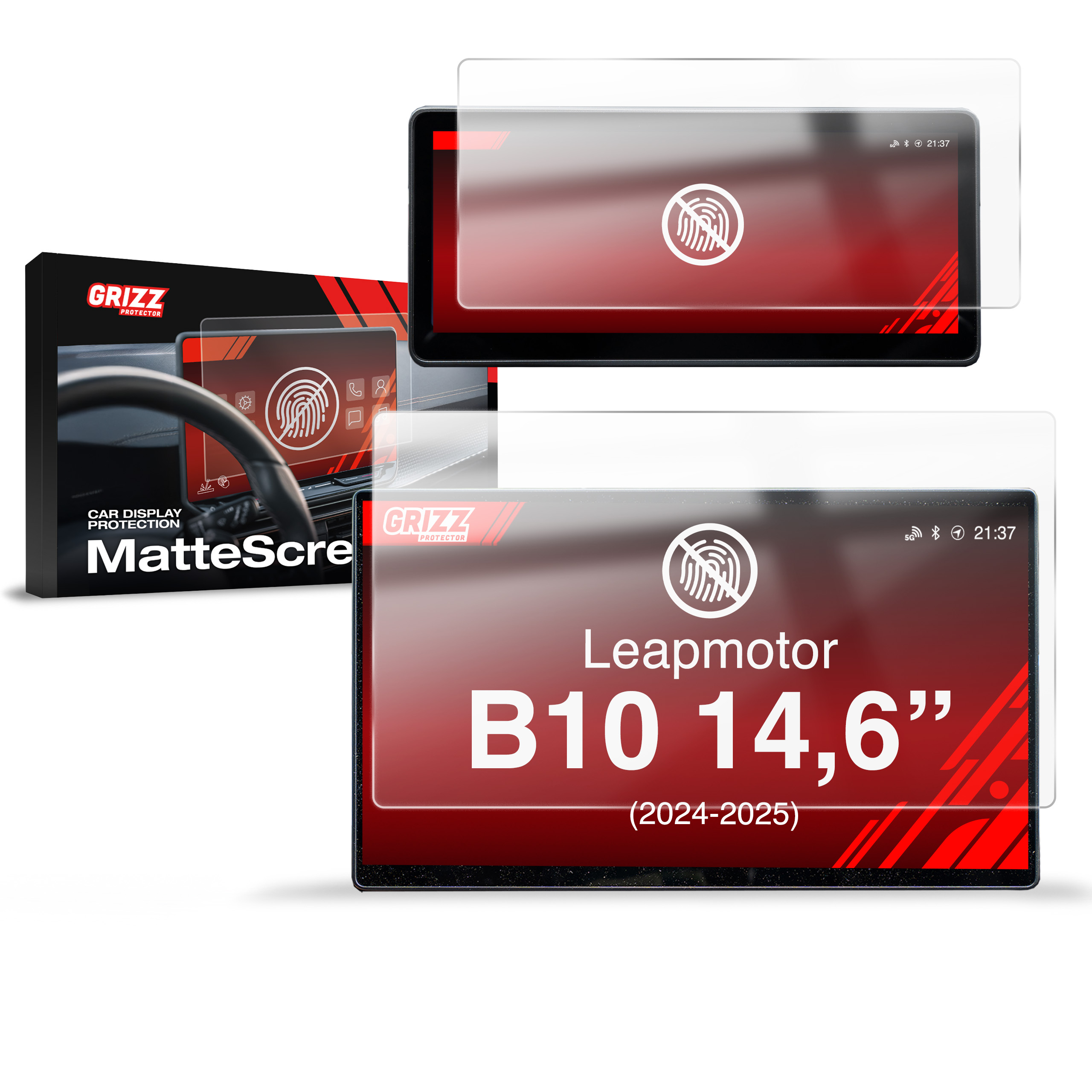 Protector de pantalla GrizzProtector 2en1 para Leapmotor B10 14,6" (2024-2025), mate y anti-huellas, mostrado en pantalla y empaquetado.