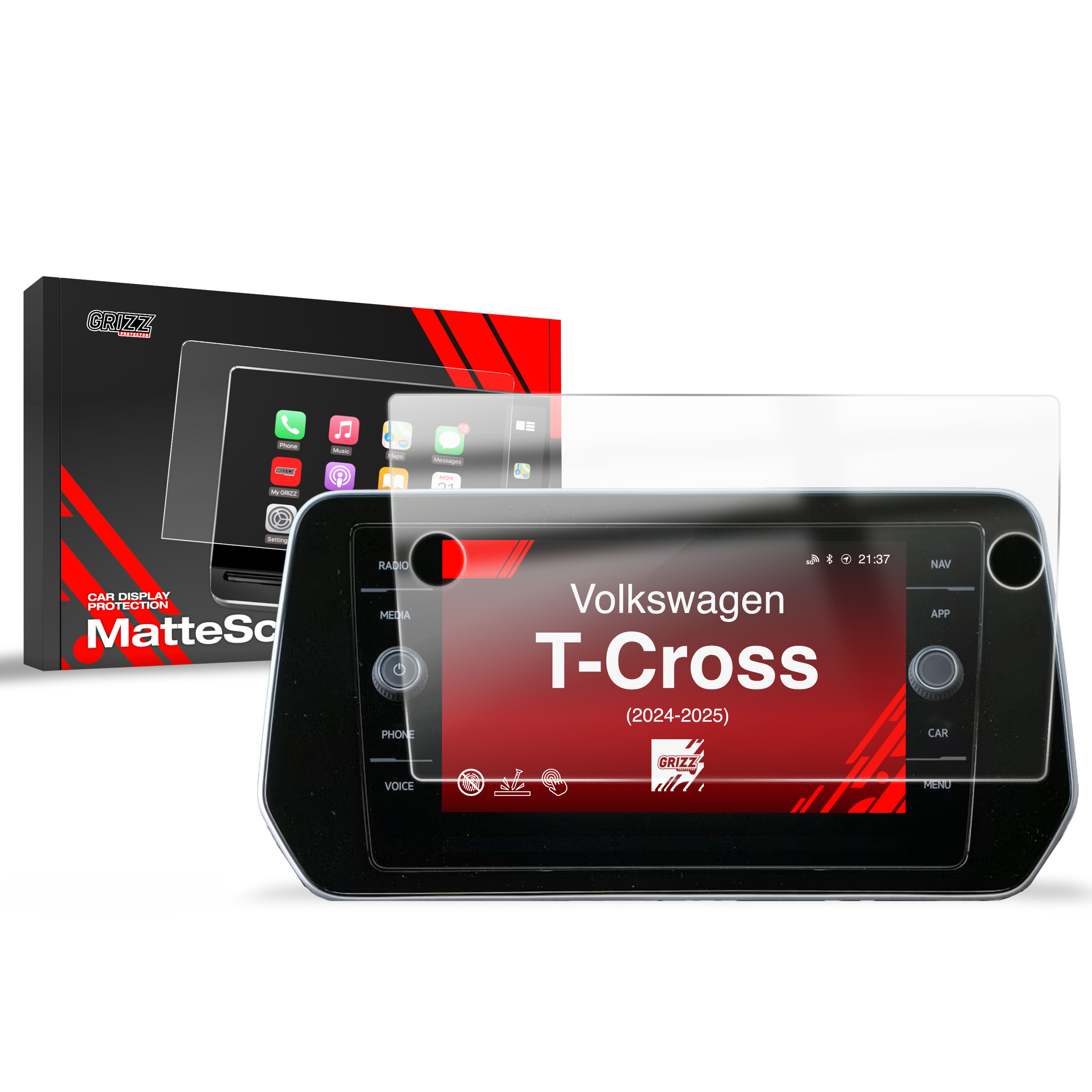 Folie de protecție GrizzProtector pentru VW T-Cross 2024-2025, mată și anti-amprentă, cu ambalaj și grafică pentru ecran.