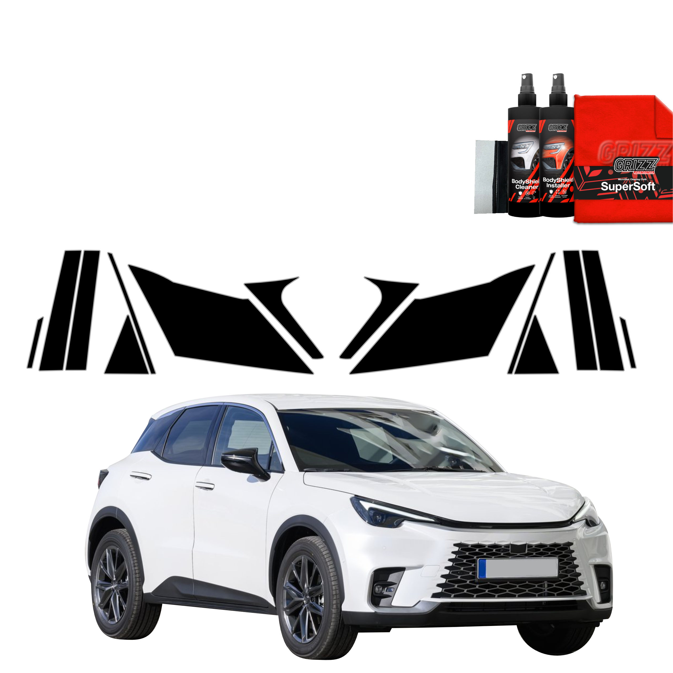 White Lexus LBX with GrizzProtector 14in1 black B-C-pillar protective film (2023-2025) shown on a white background.