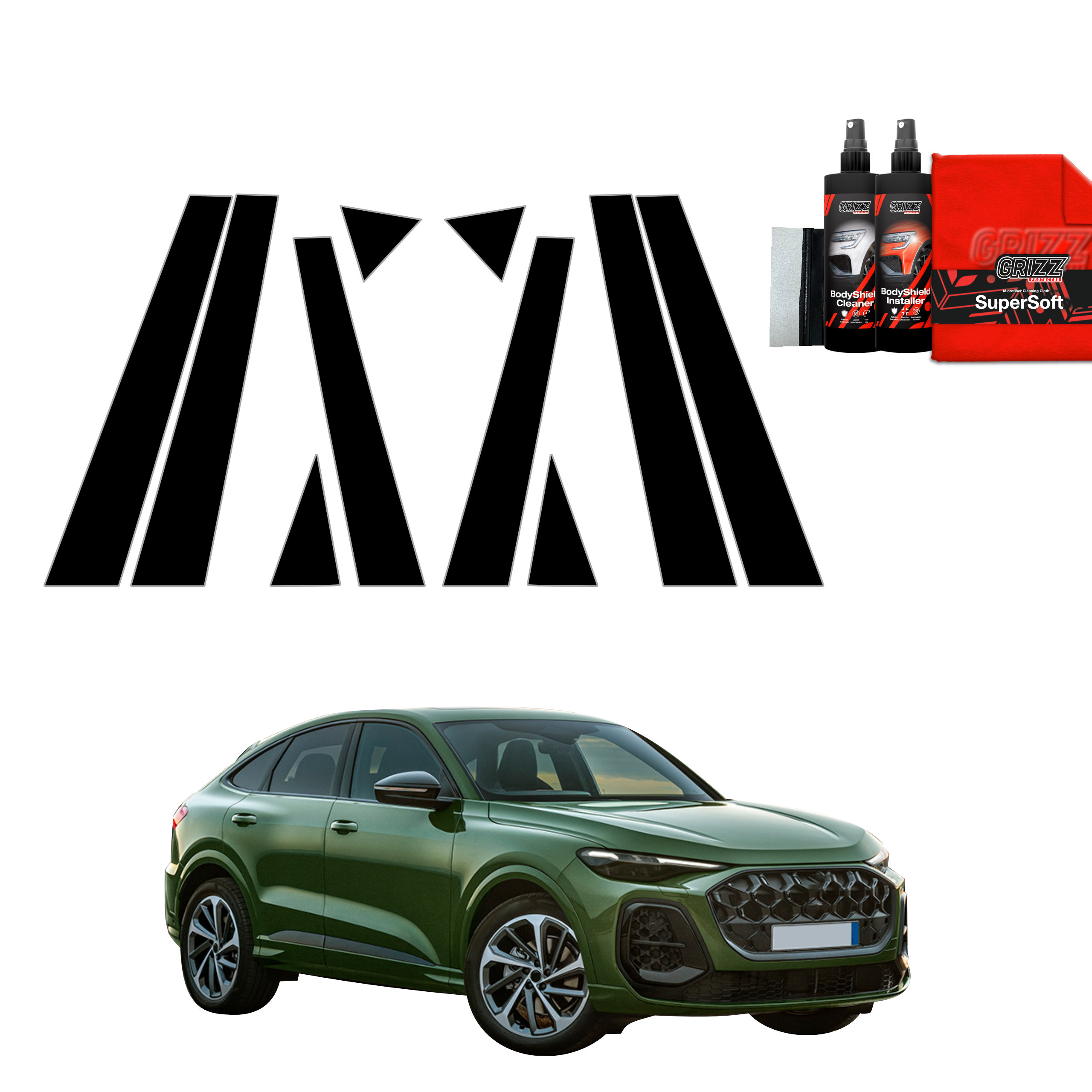 A green Audi Q5 Sportback and GrizzProtector’s 10in1 black A-B-C pillar PPF, logo on white, car care items nearby.