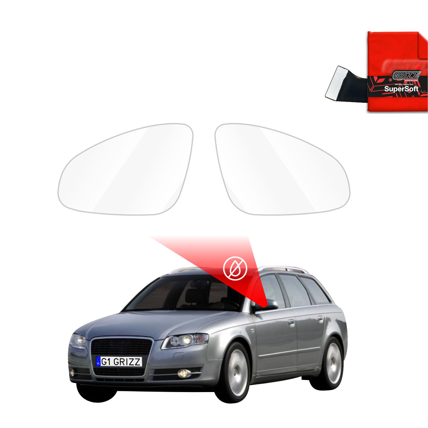 Two GrizzProtector Regenschutzfolie for Audi A4 B7 Avant and a ZeroDrop cloth above a silver car.