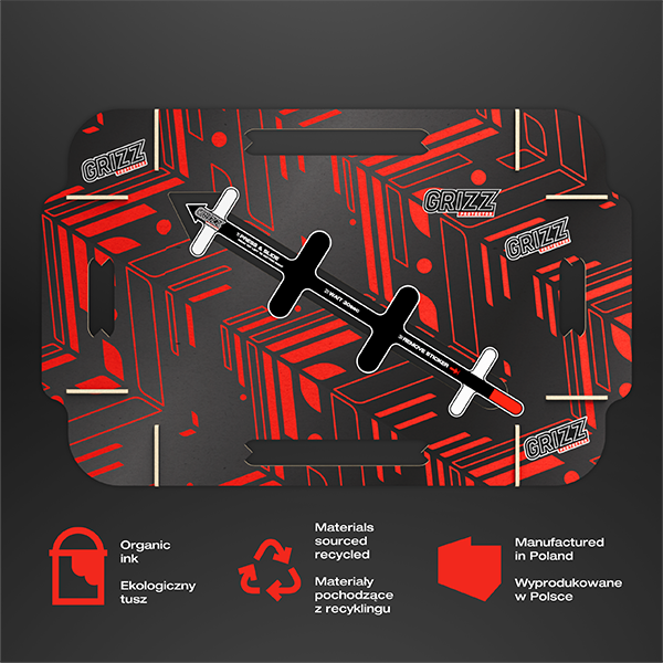 Folia de protecție GrizzProtector pentru ecranul Cupra Formentor 12,9" (2024) mată în cutie cu design geometric roșu/negru și grafică avion.