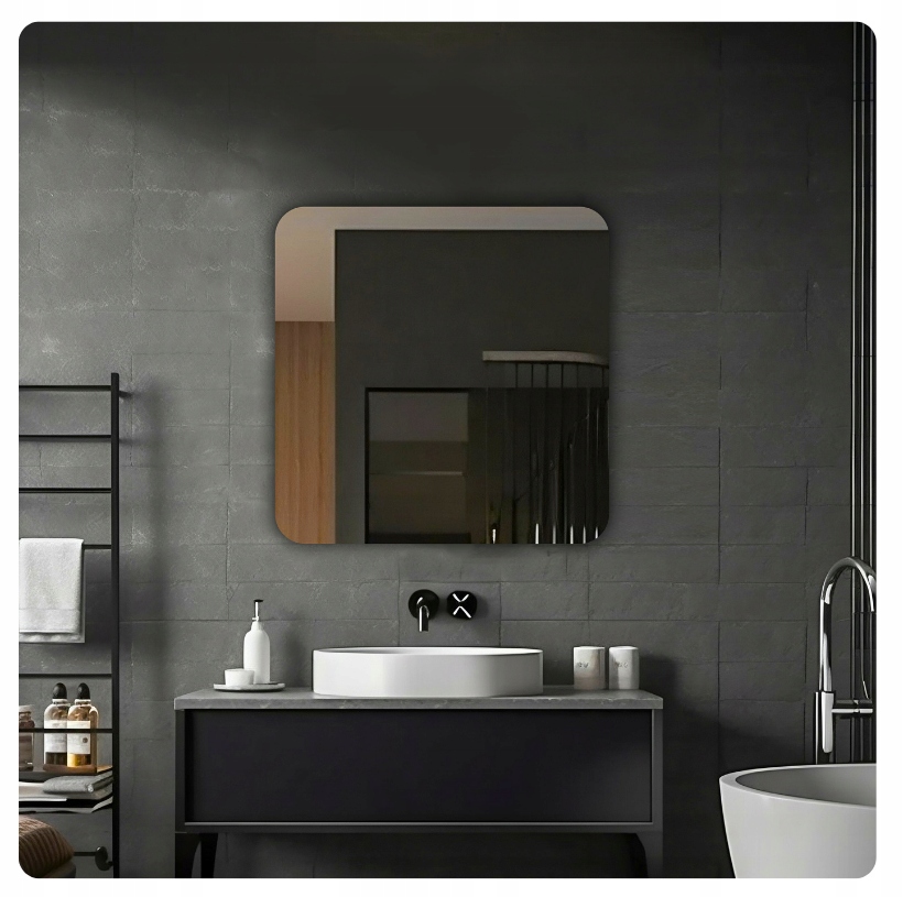 LUSTRO 60x60 cm ZAOKRĄGLONE ROGI BEZ OŚWIETLENIA ŁAZIENKOWE BEZ RAMY