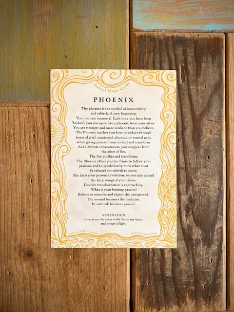 PHOENIX, ANIMAL MAGIC card, A5 size. Artprint with a story/message. Altar Card. Ancient wisdom for the new Earth. A gift to send to surprise - image 2