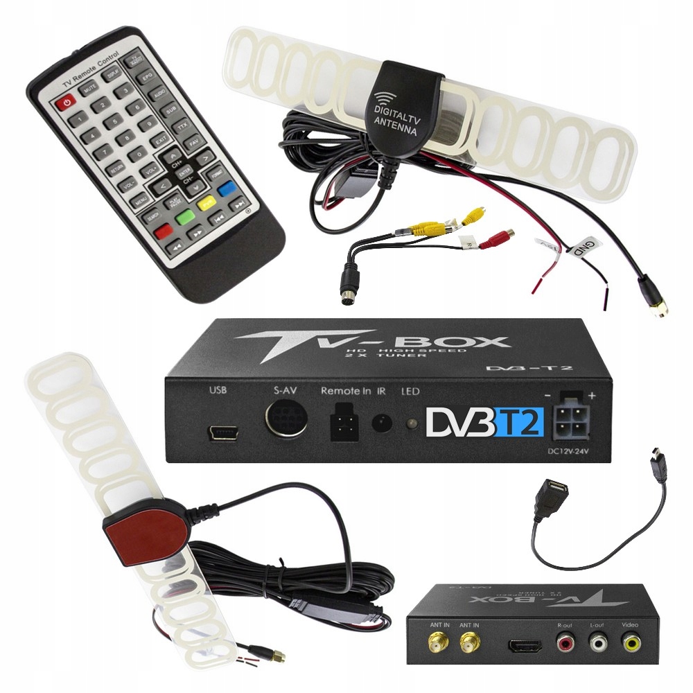 Samochodowy TUNER TELEWIZJI CYFROWEJ DVBT2 HEVC H.265 USB HDMI AV 2 ANTENY