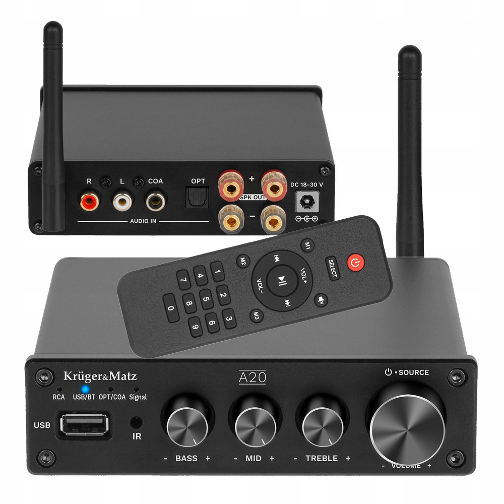 WZMACNIACZ Bluetooth A2DP stereo USB COAXIAL optyczne RCA 2x 100W antena