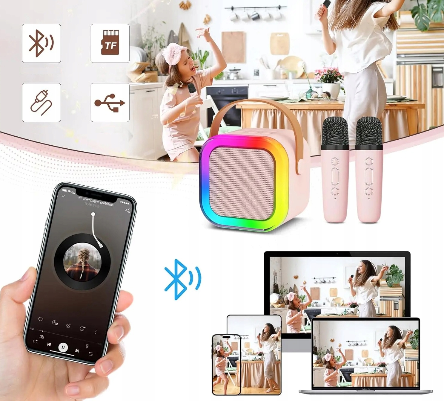 Głośnik przenośny funkcja KARAOKE dwa MIKROFONY BLUETOOTH światła RGB HiFi