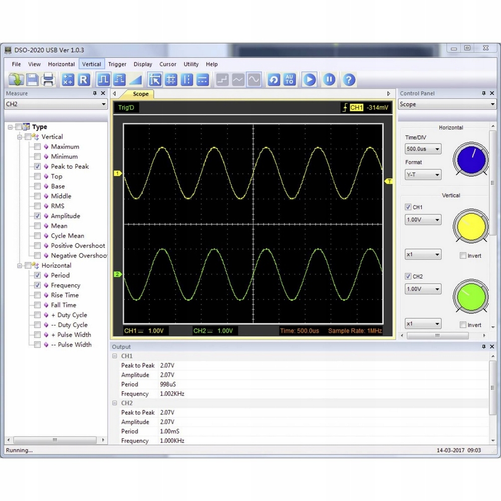 Oscyloskop komputerowy 20 MHz 2 kanałowy 48 MSas 1 Mpts 8 Bit USB VOLTCRAFT