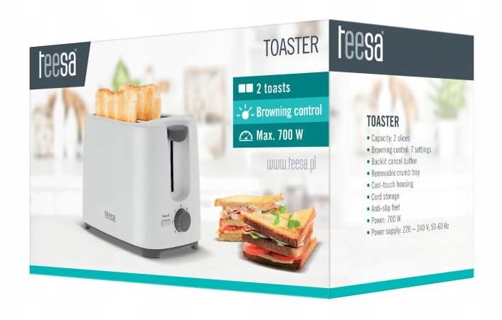 Toster Teesa 700W 7 poziomów opiekania 2 tosty tacka na okruchy