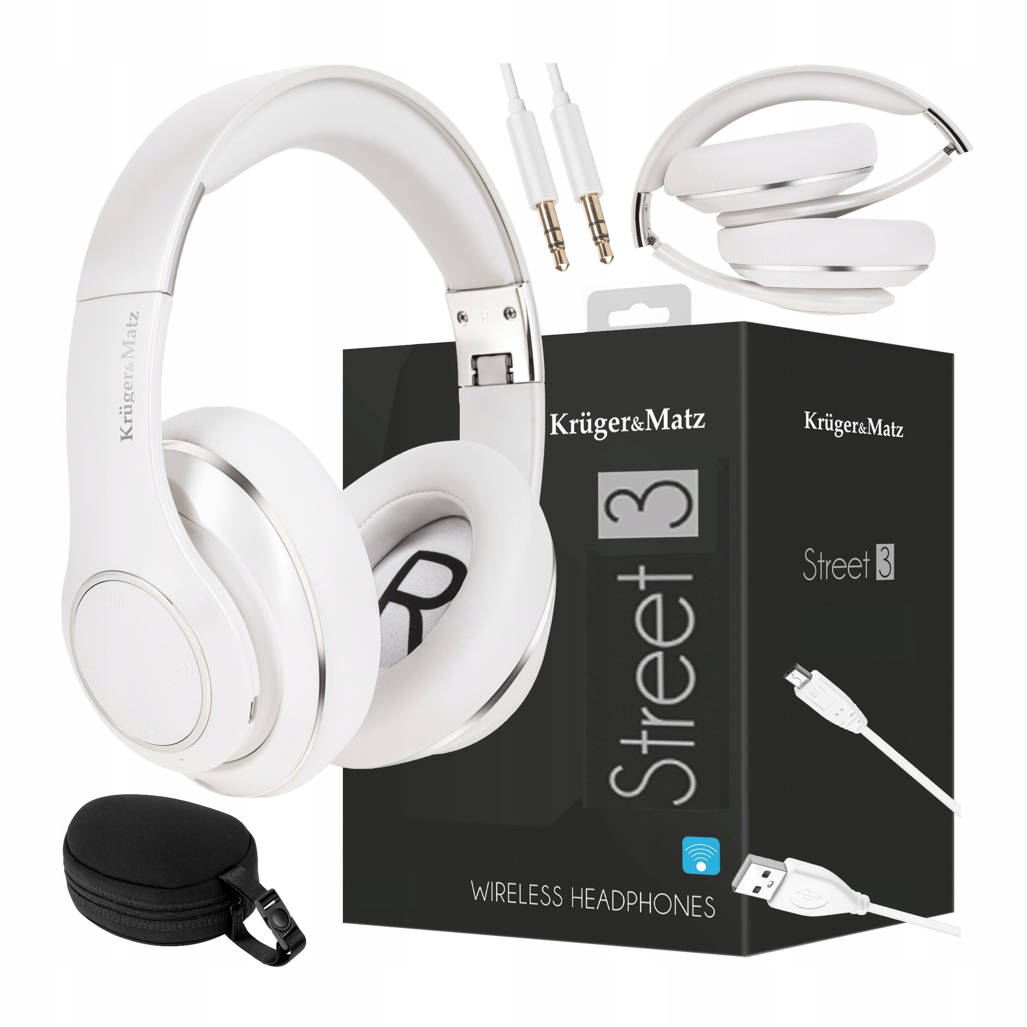 Białe słuchawki BEZPRZEWODOWE Bluetooth mikrofon