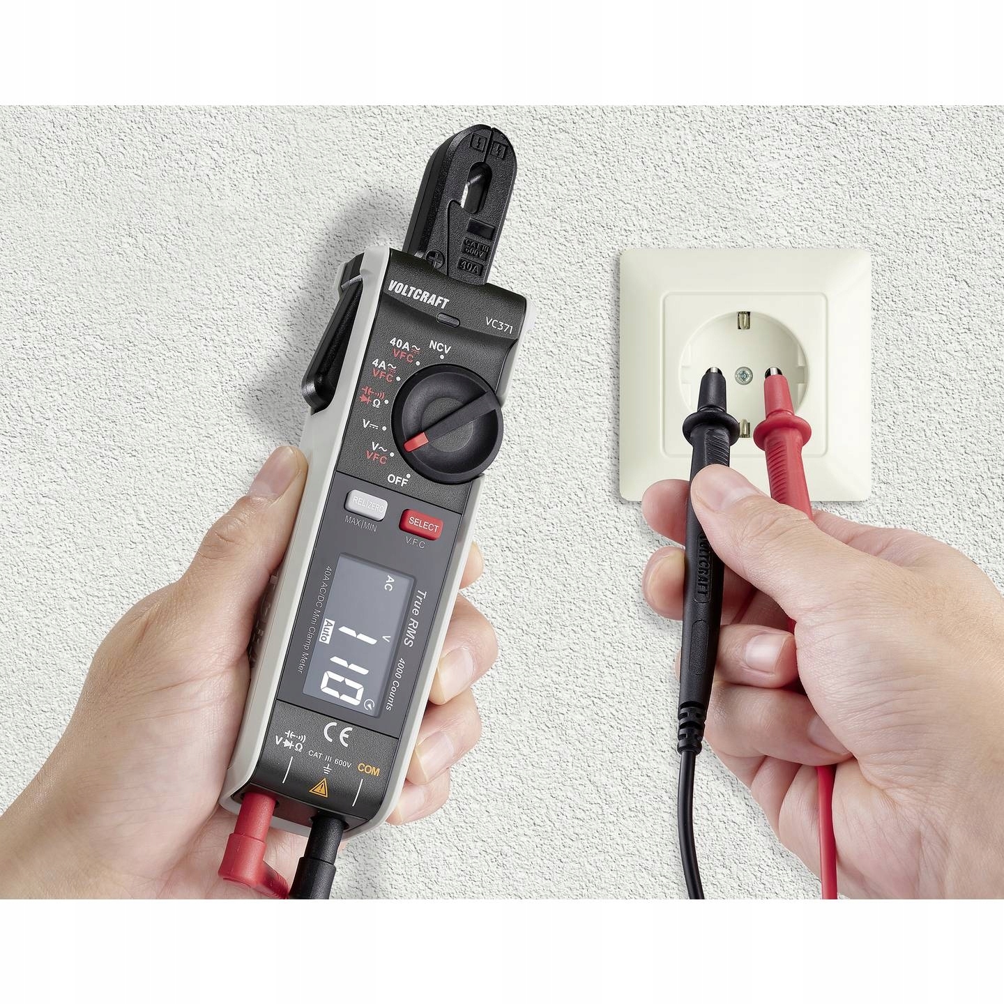 Miernik cęgowy MULTIMETR 600V CAT III True RMS LATARKA 40 A wąskie kleszcze