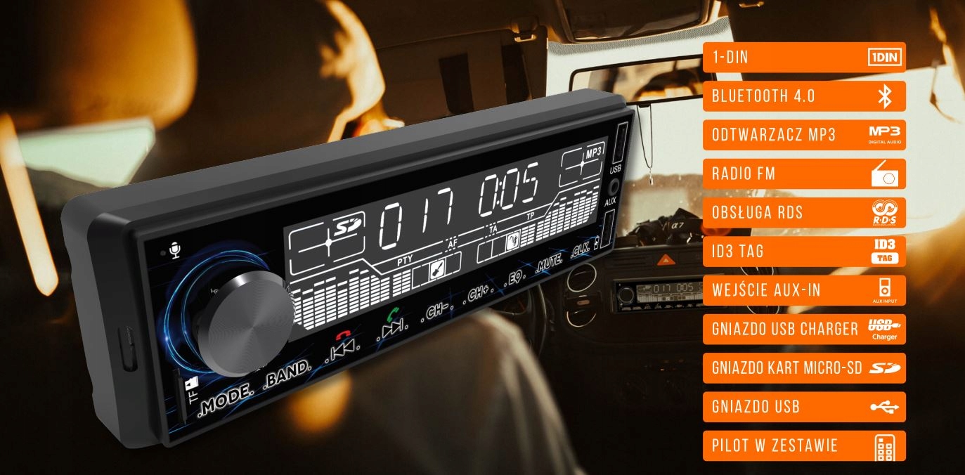 Radio samochodowe Bluetooth USB SD 1DIN Pilot