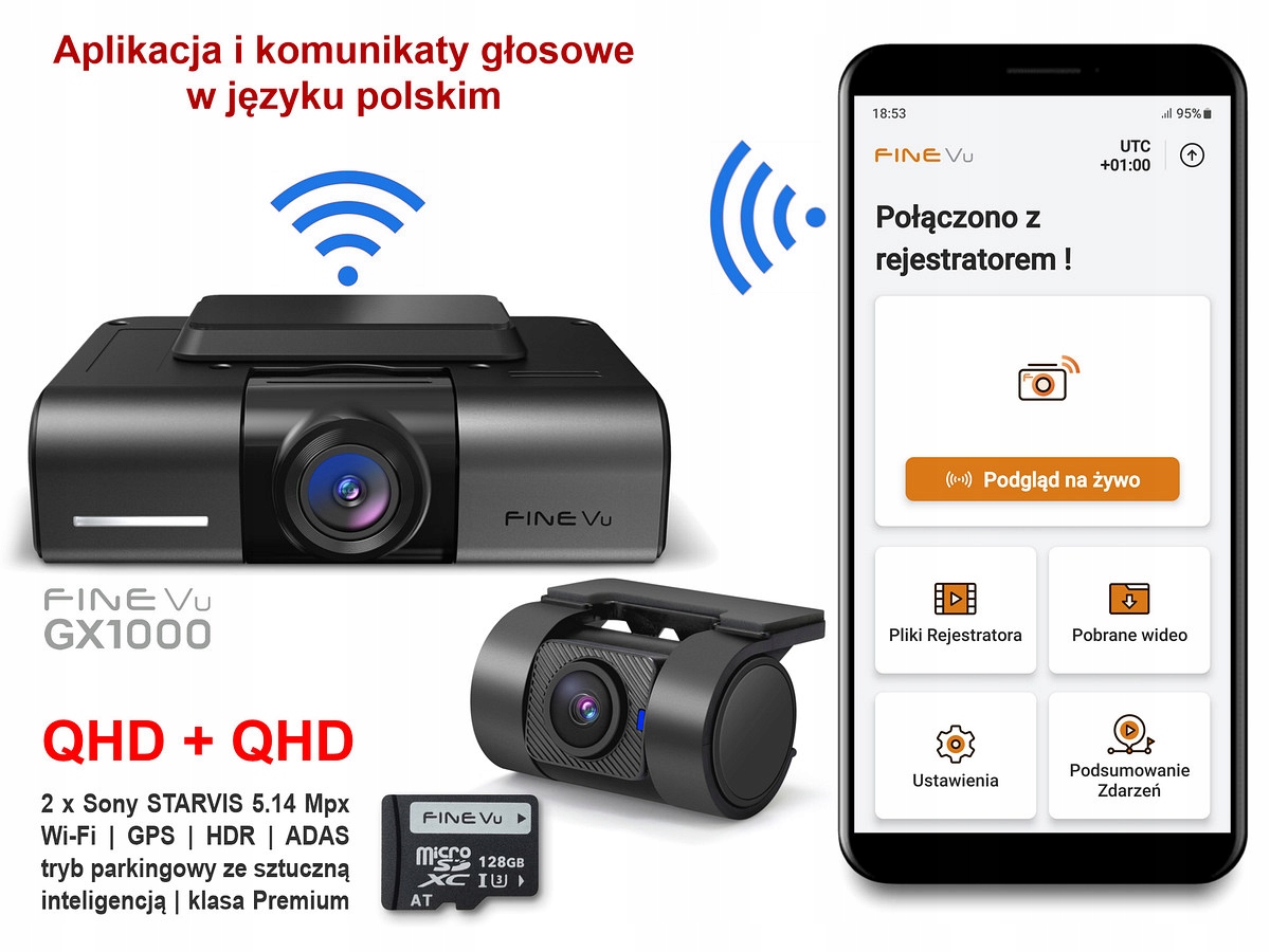 Rejestrator FineVu GX1000 wideorejestrator QHD QHD Wi-Fi GPS RADARY
