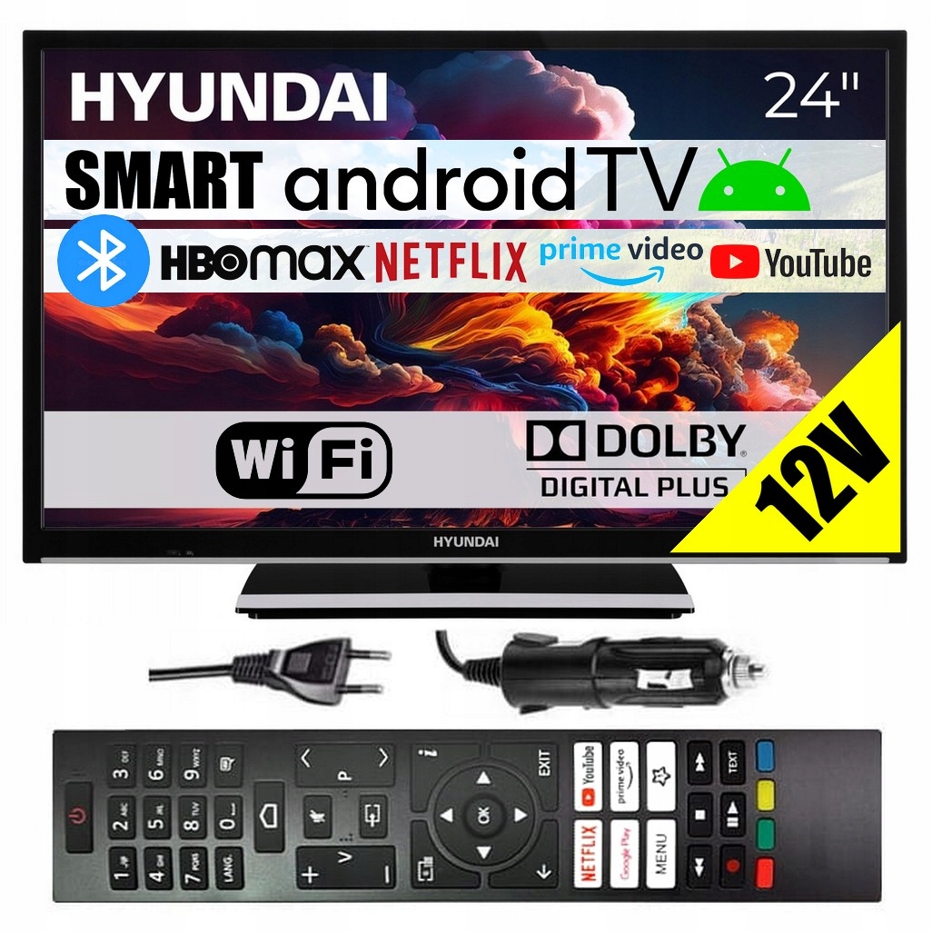 Telewizor SMART Android TV WiFi BT HYUNDAI 24'' HD LAN PC Ci APLIKACJE 12V