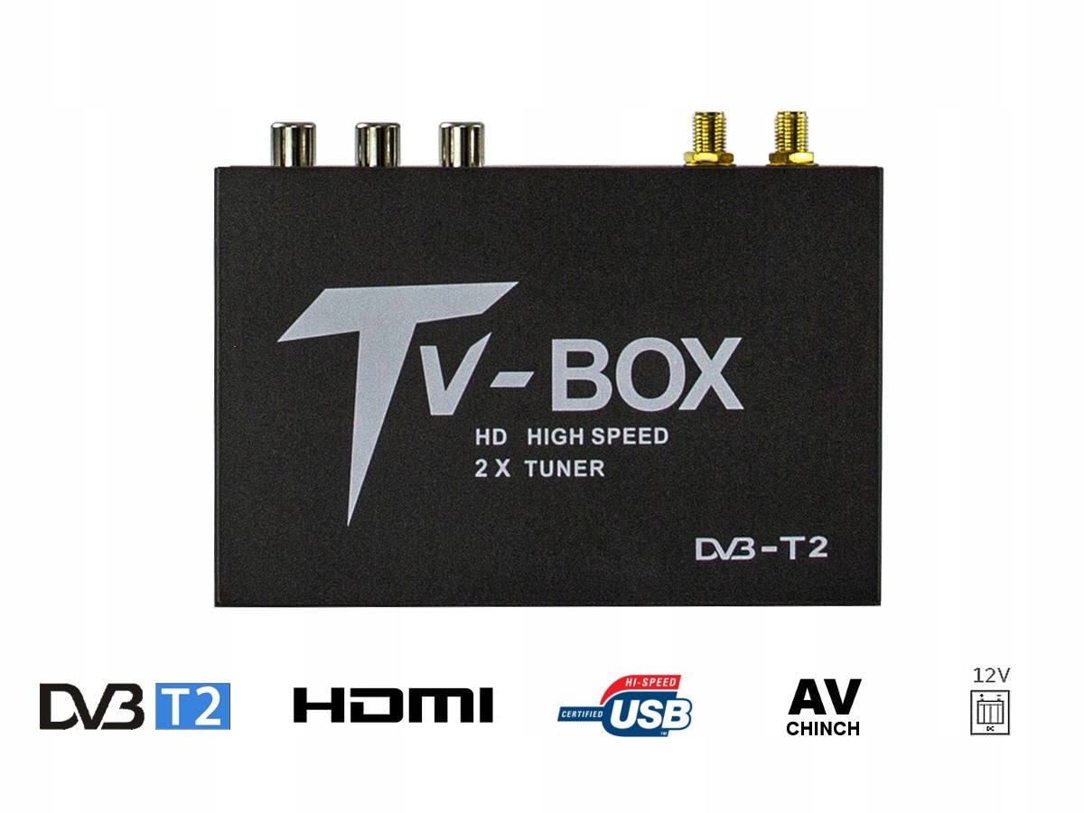 Samochodowy TUNER TELEWIZJI CYFROWEJ DVBT2 HEVC H.265 USB HDMI AV 2 ANTENY