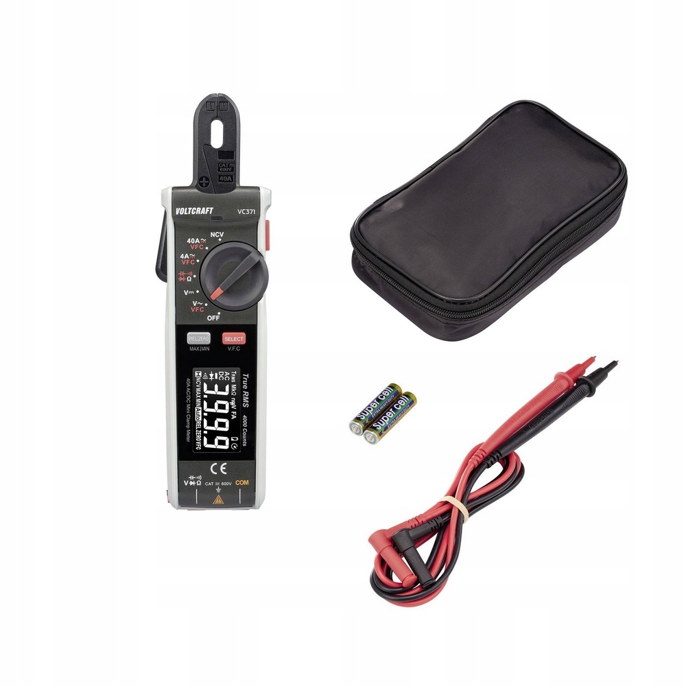 Miernik cęgowy MULTIMETR 600V CAT III True RMS LATARKA 40 A wąskie kleszcze