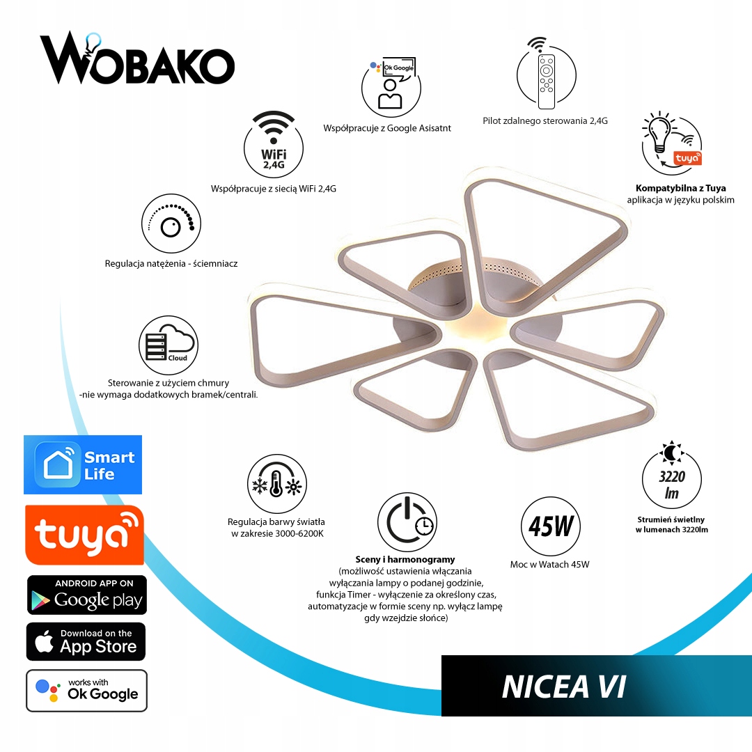 Lampa NICEA VI Wifi sufit PLAFON żyrandol 68cm LED Tuya Wobako