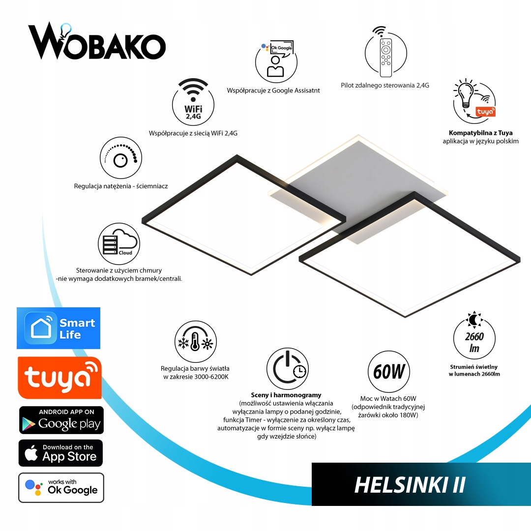 Lampa HELSINKI II sufit kwadrat żyrandol Smart Home LED Tuya Wobako