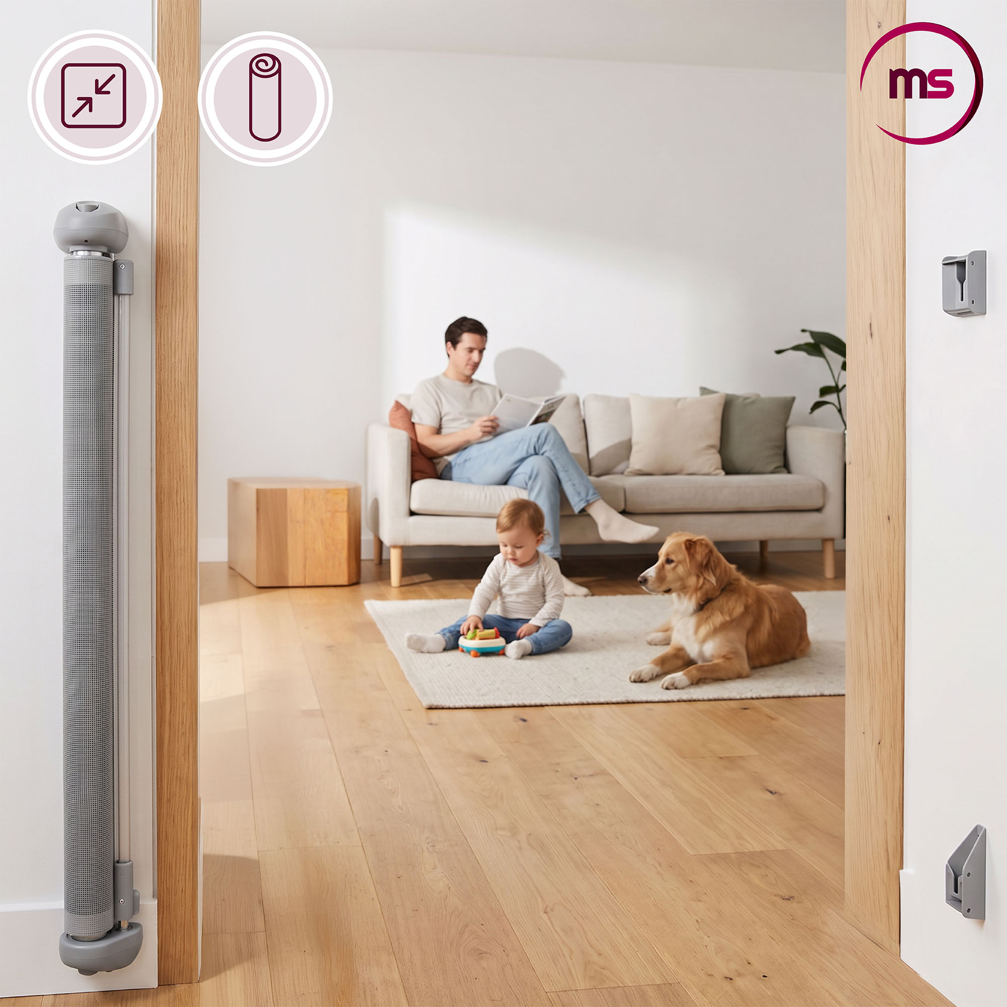 Moby-System rullattava turvaportti lapsille ja lemmikeille, 140 cm, harmaa