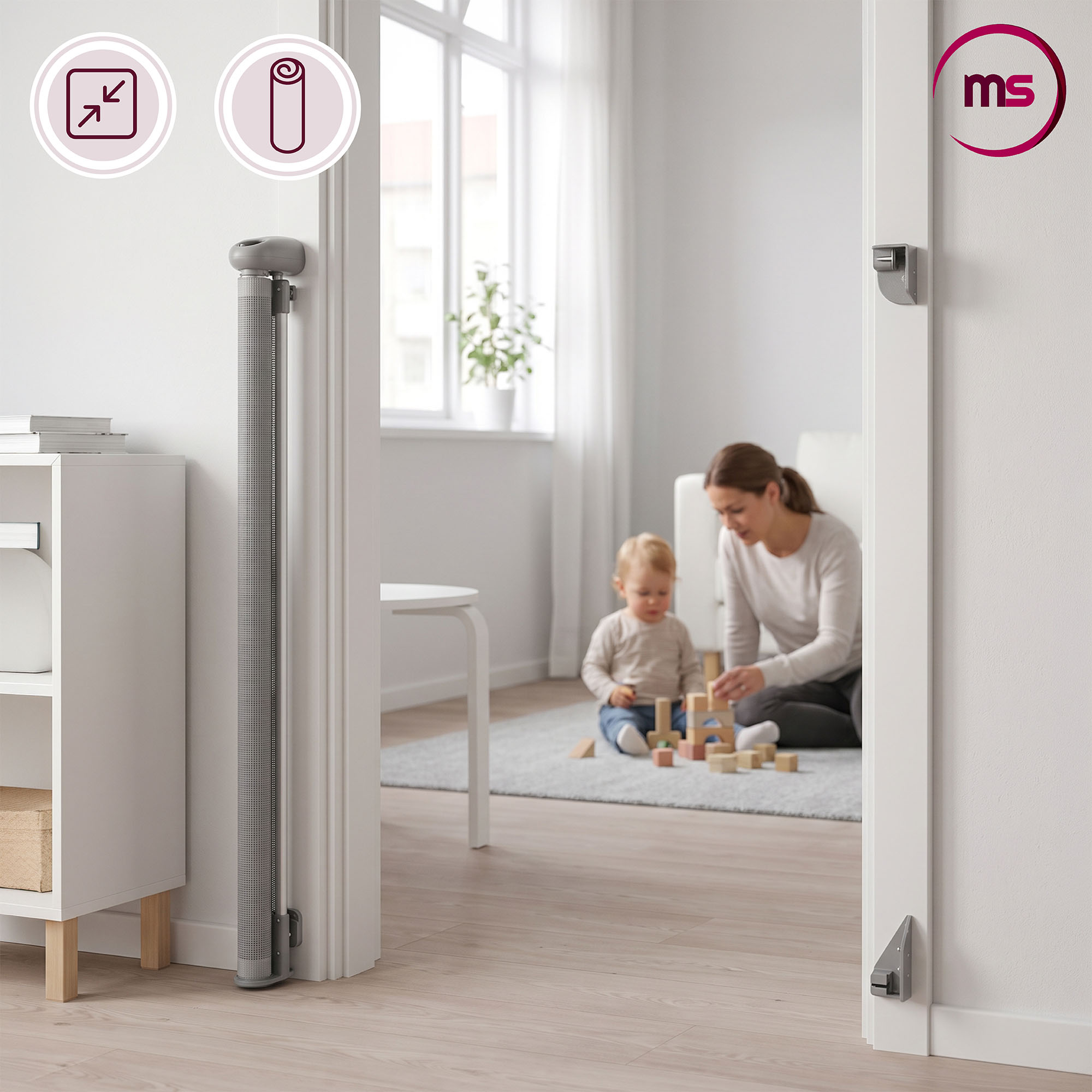 Lasten turvaportti Moby-System rullautuvalla verkolla, 140 cm leveä, harmaa