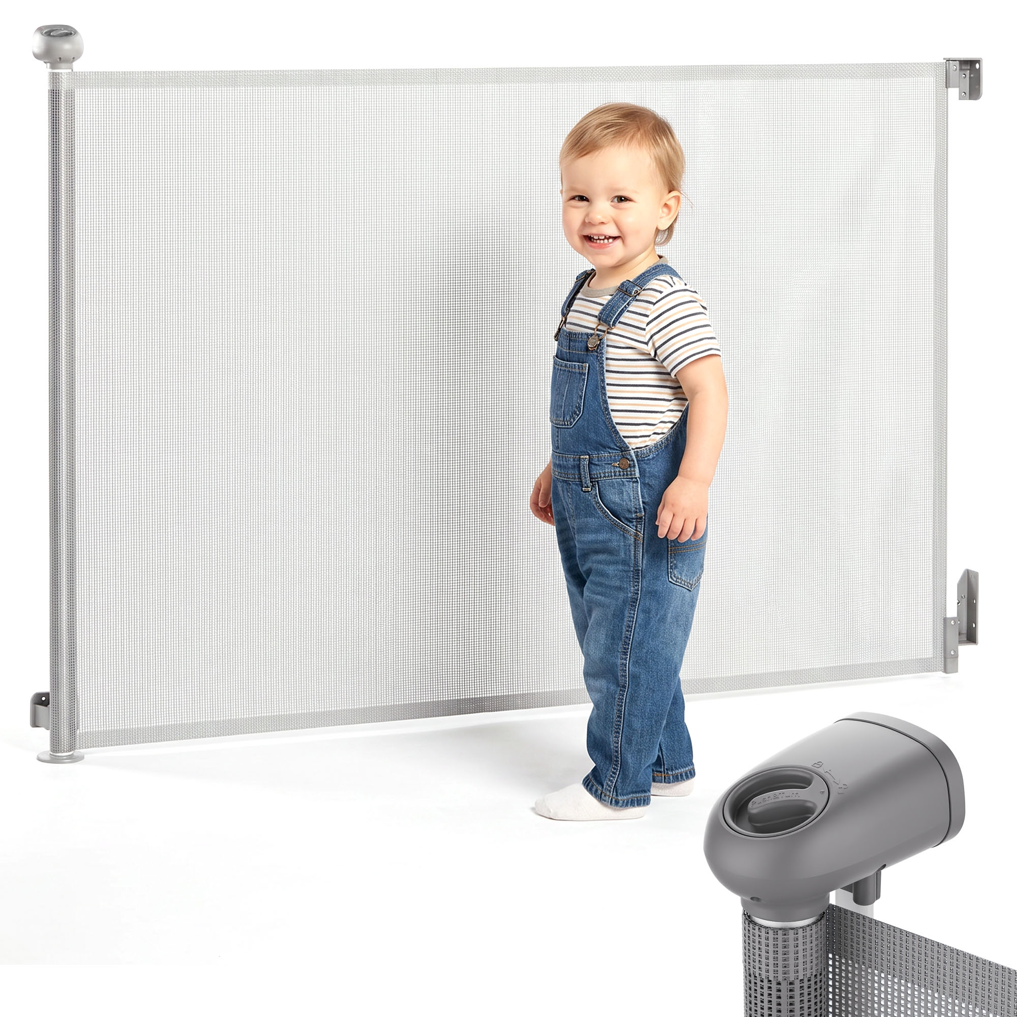Lasten turvaportti Moby-System rullautuvalla verkolla, 140 cm leveä, harmaa
