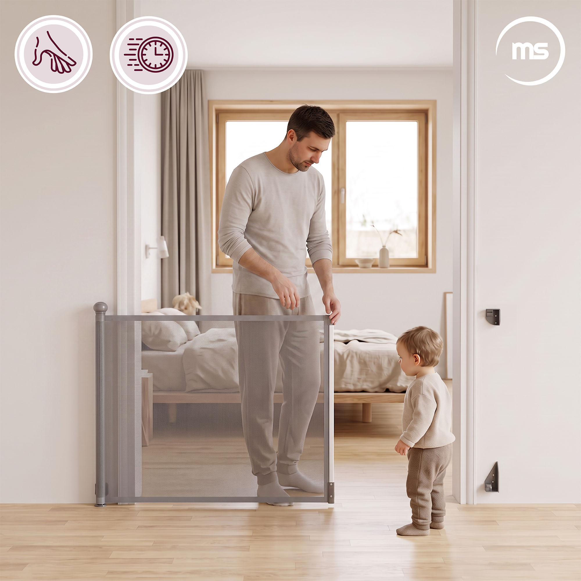 Moby-System rullattava turvaportti lapsille ja lemmikeille, 140 cm, harmaa