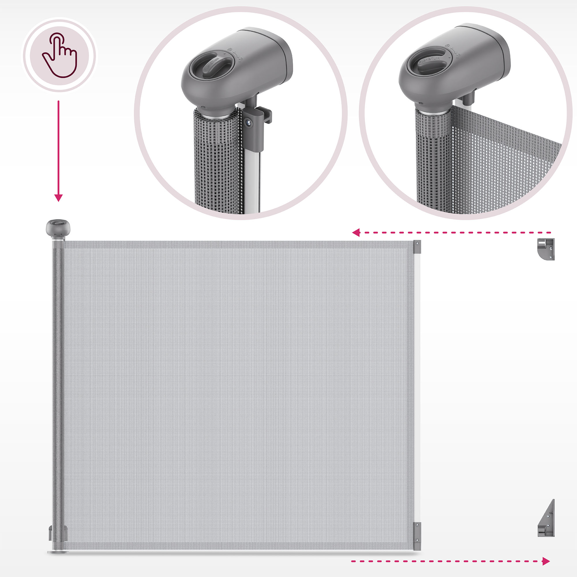 Lasten turvaportti Moby-System rullautuvalla verkolla, 140 cm leveä, harmaa