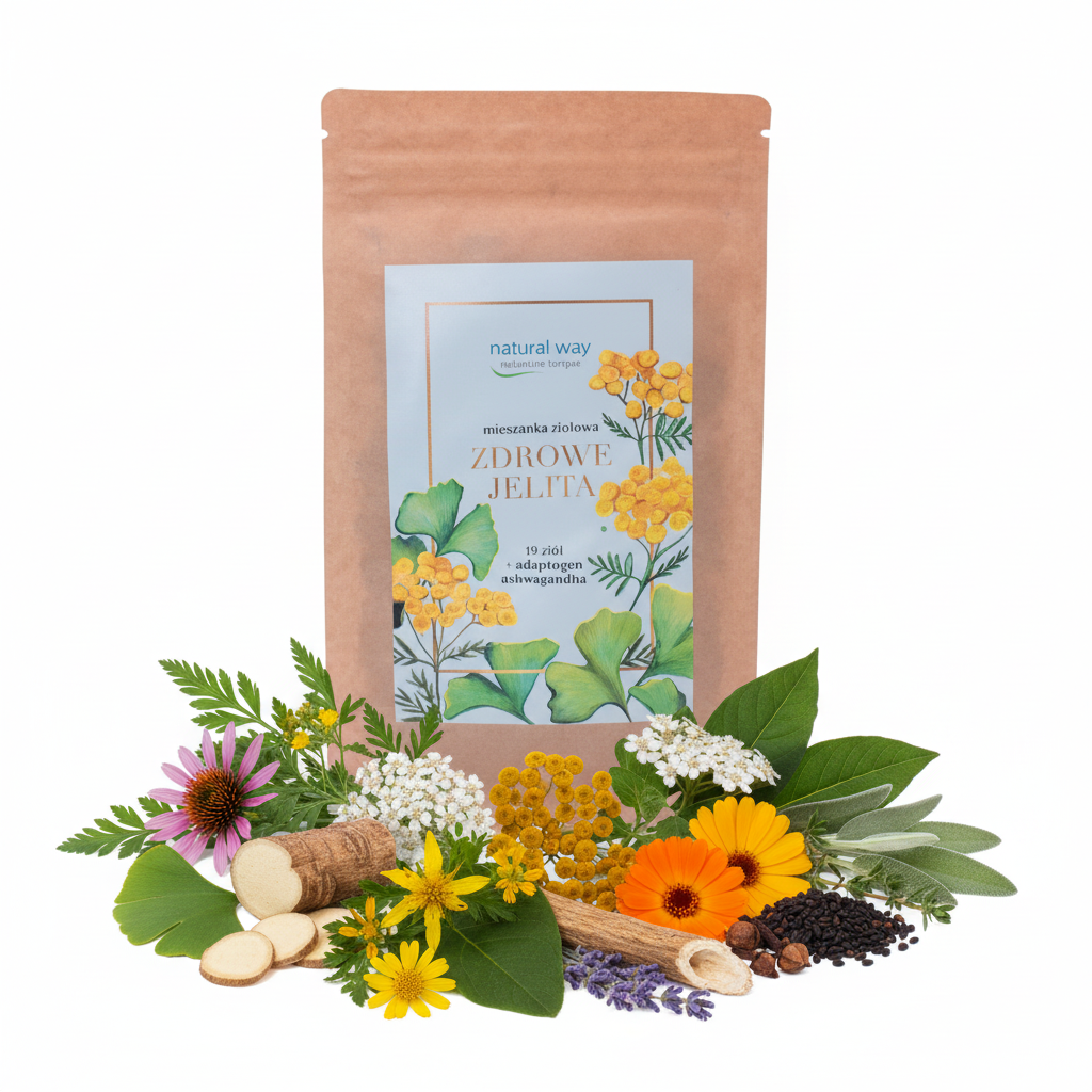 Herbata ziołowa na zdrowe jelita Natural Way 90 g – 19 ziół + adaptogen Ashwagandha 2 Herbata ziołowa na zdrowe jelita Natural Way 90 g – 19 ziół + adaptogen Ashwagandha - Natural Way