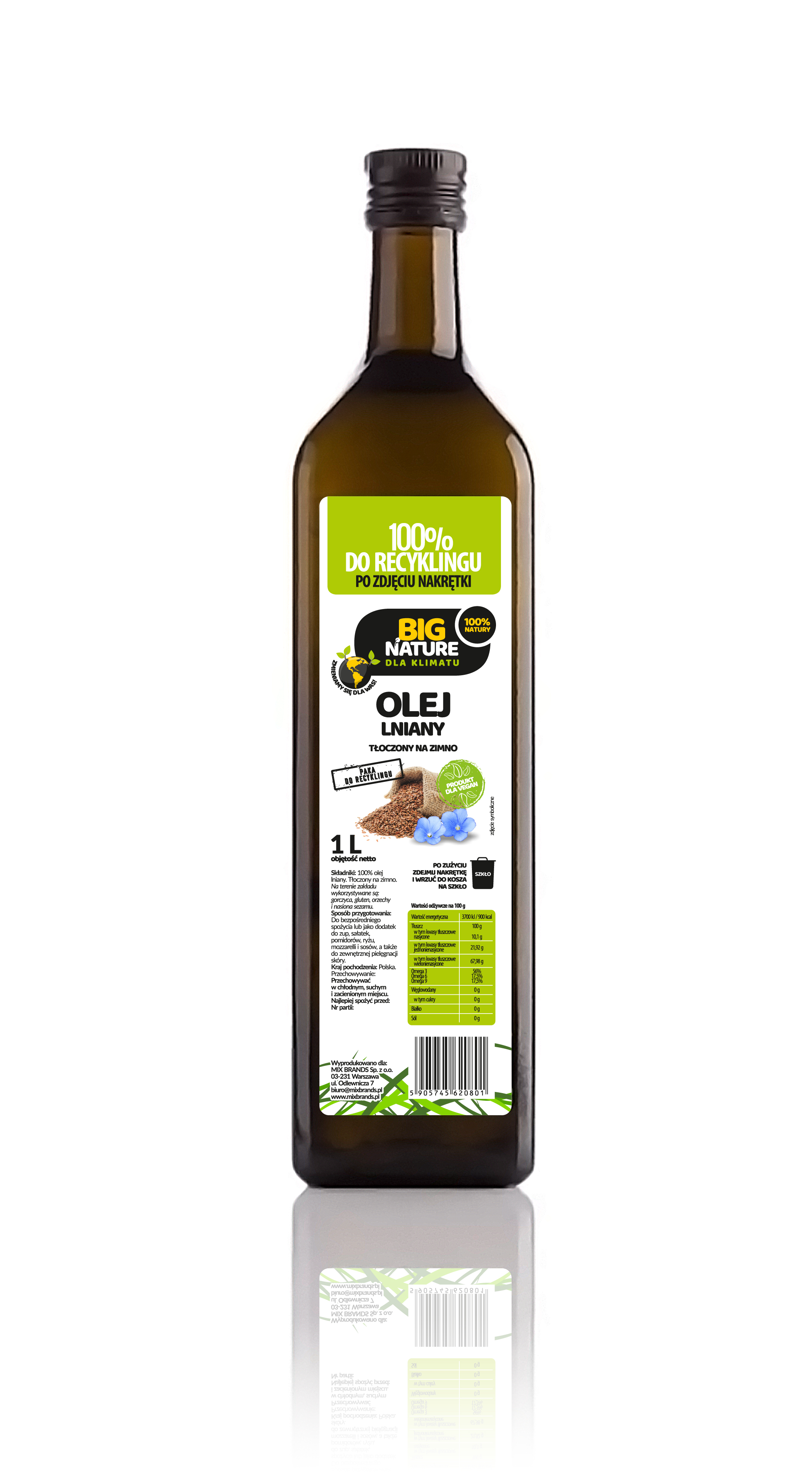 Olej lniany tłoczony na zimno 1L  - BIG NATURE