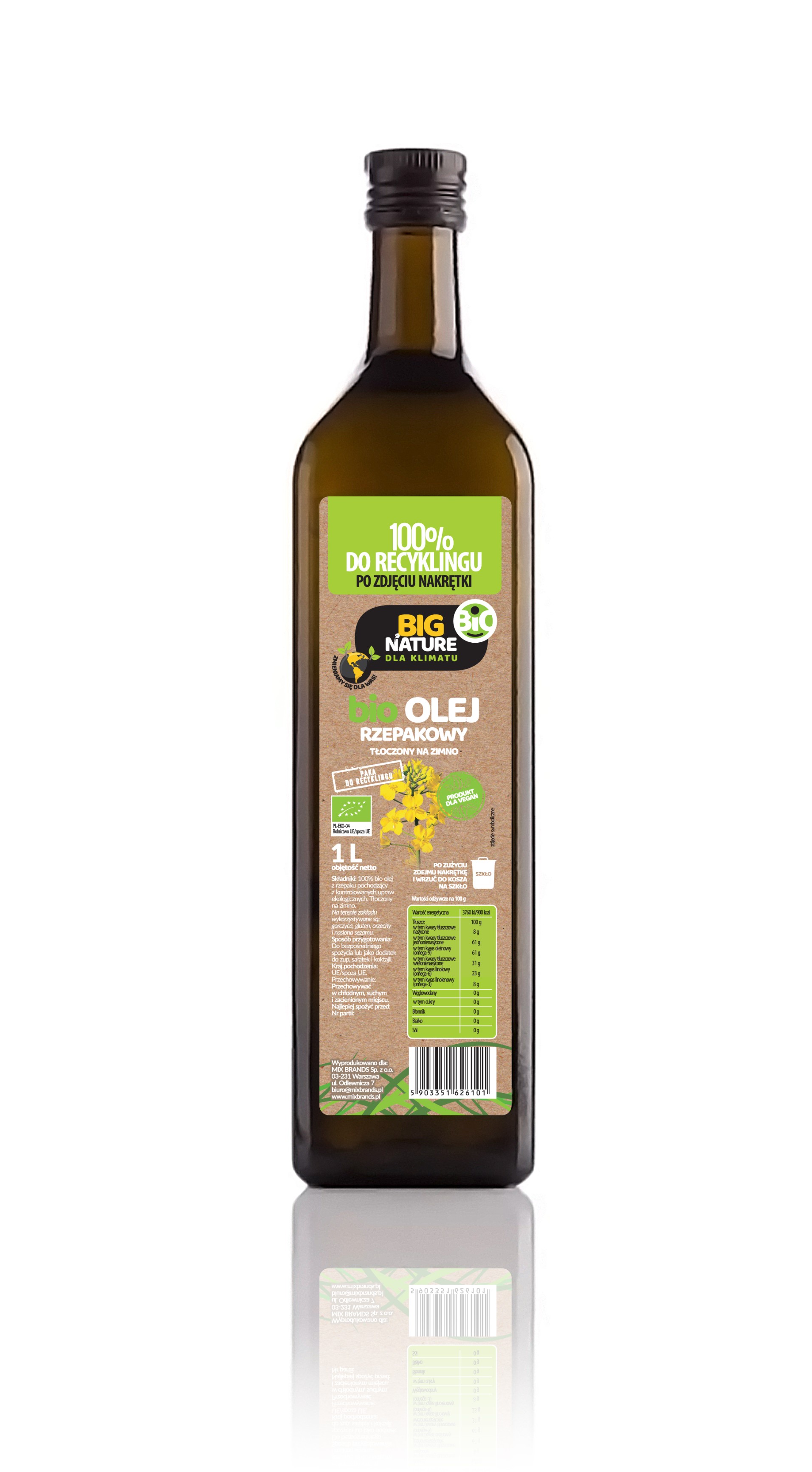 Olej rzepakowy BIO tłoczony na zimno 1L  - BIG NATURE